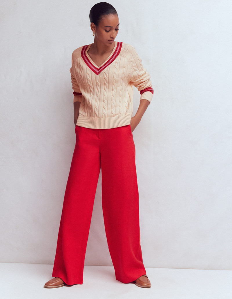 Maeve Textured Cotton Jumper-Ivory Cable, Red 7