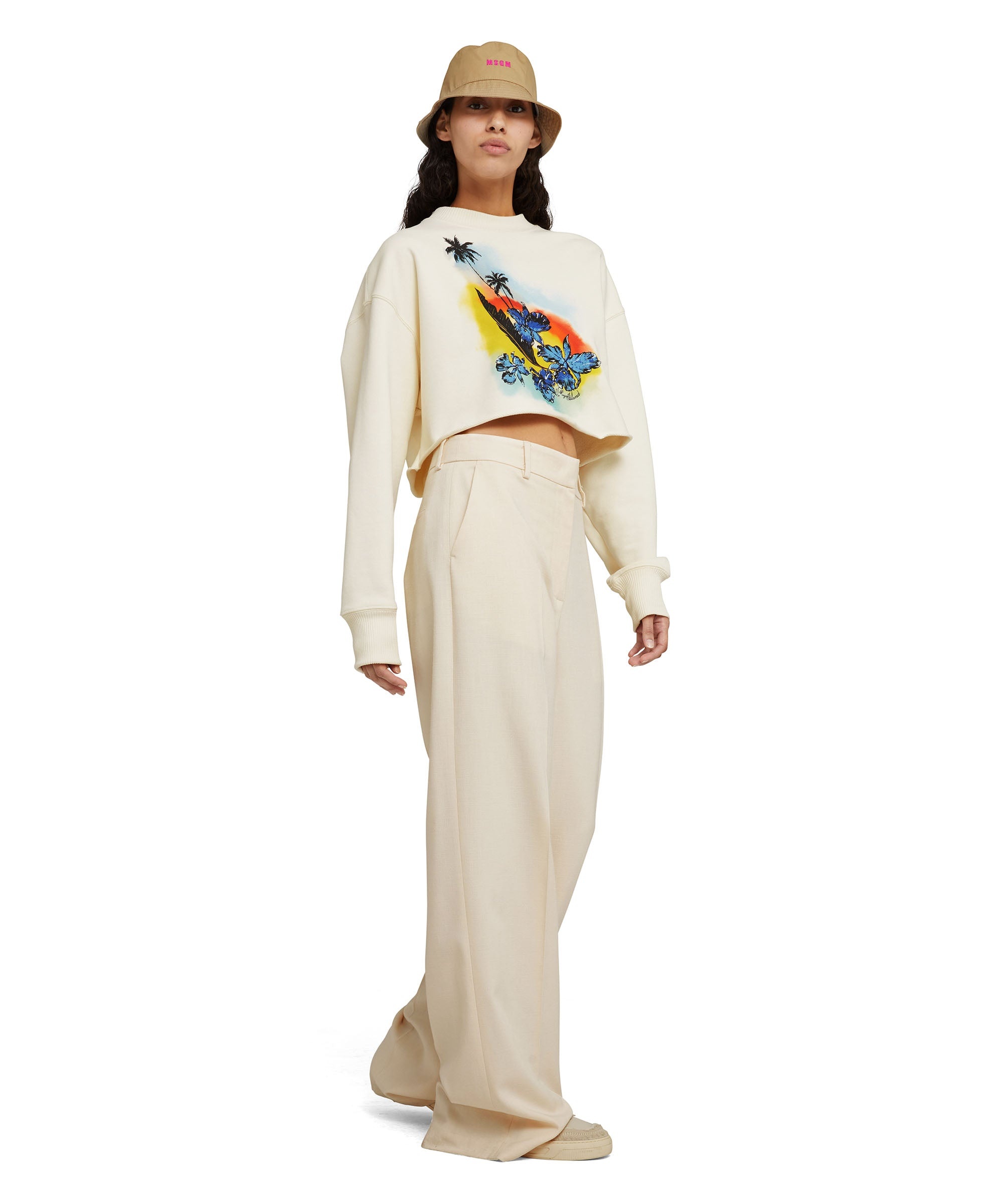 Solid color cotton crop crewneck sweatshirt with "MSGM Sunset" graphic - 5