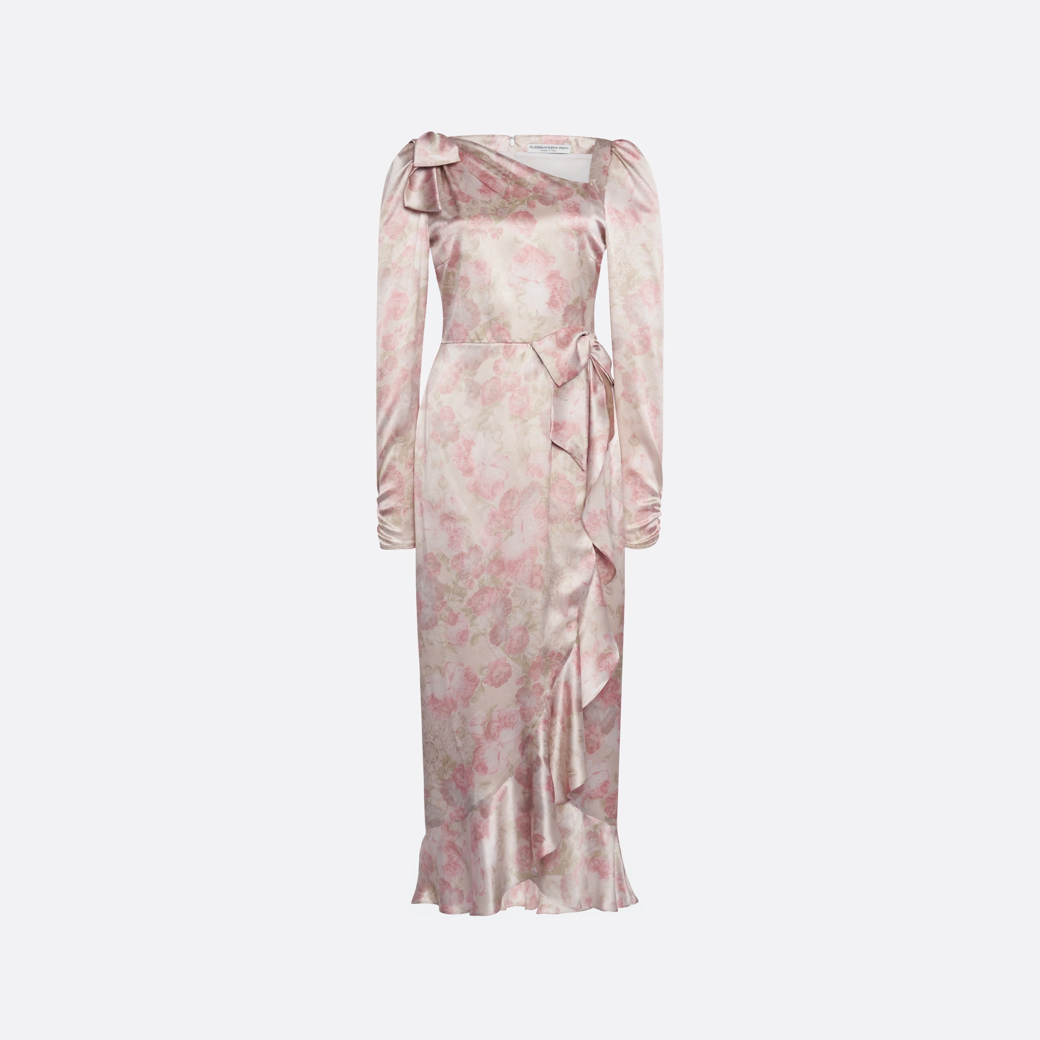 SILK SATIN MIDI DRESS WITH VOLANT AND BOWS - 1