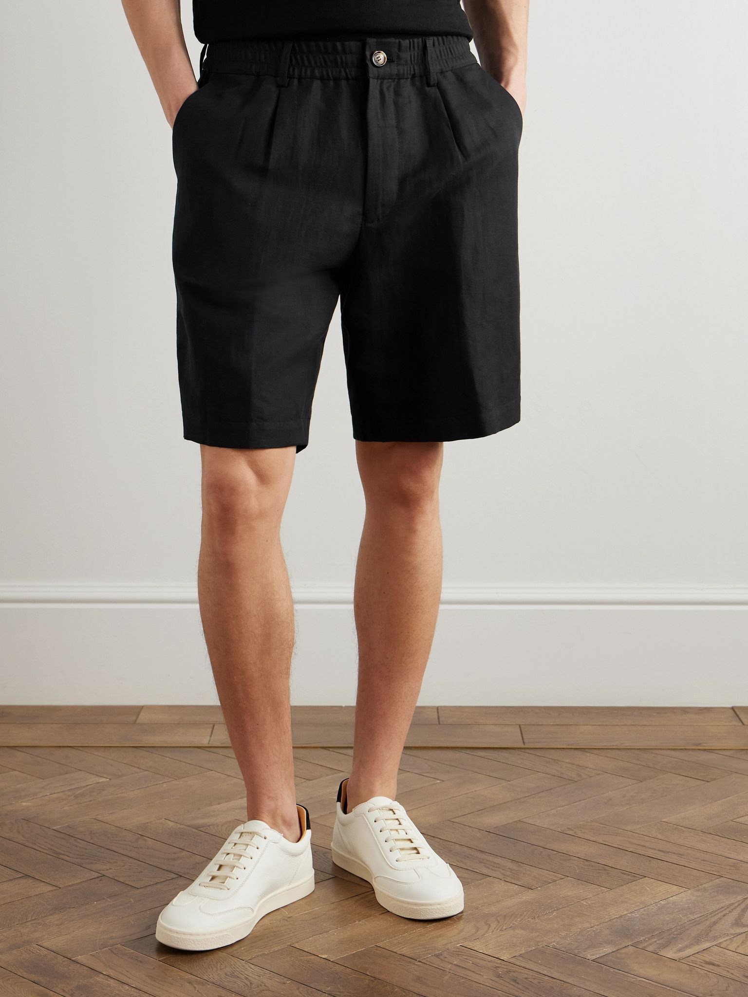 Straight-Leg Pleated Linen and Cotton-Blend Twill Bermuda Shorts Black - 3