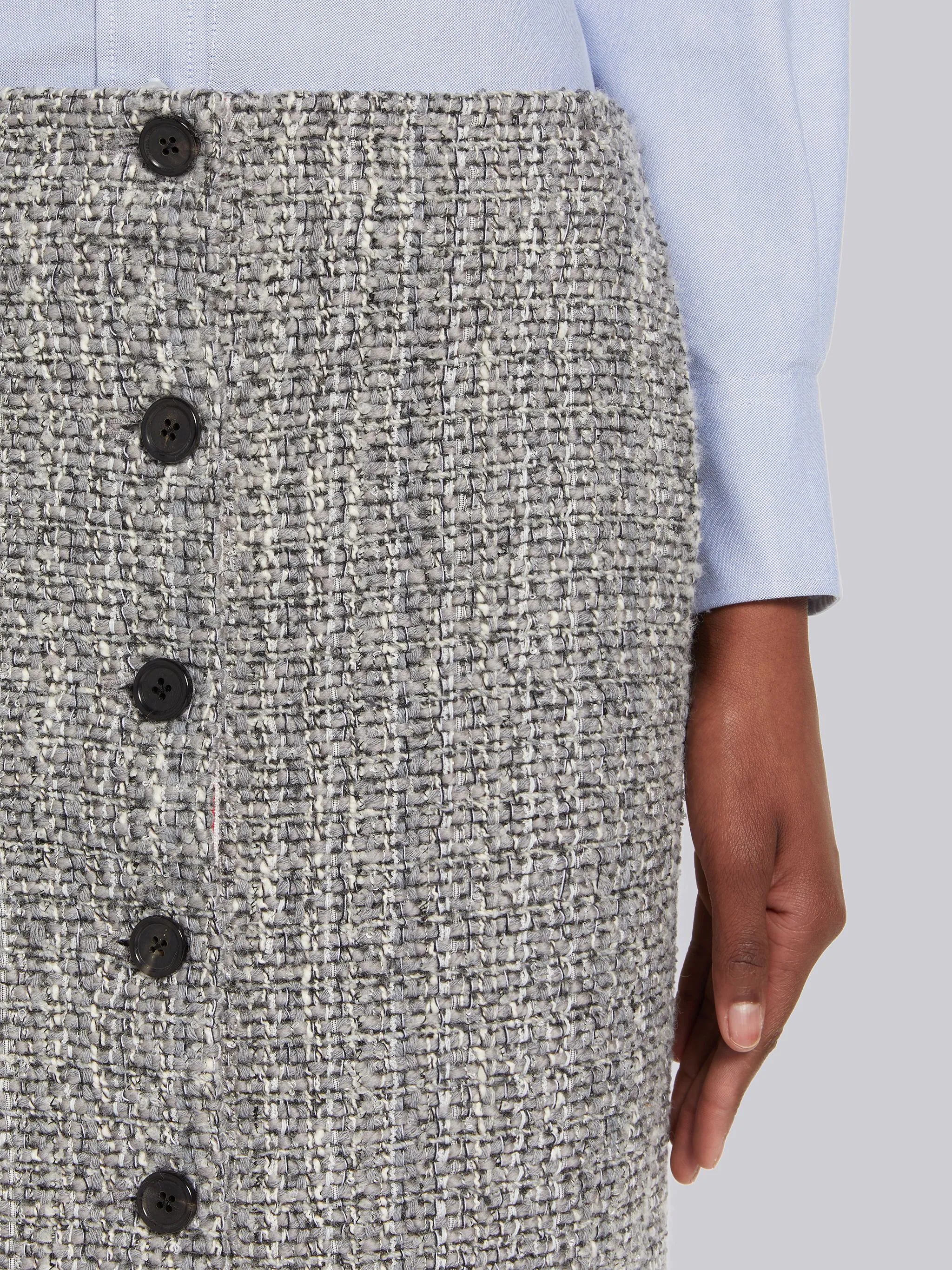 Medium Grey Melange Look Solid Tweed Grosgrain Button Front Ankle Length Cardigan Skirt - 5