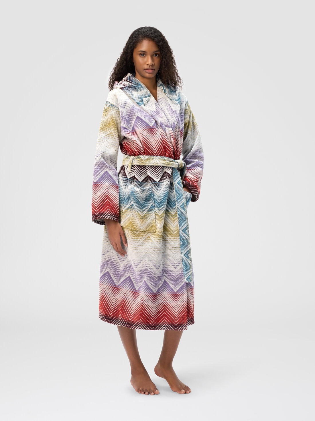 Marea Hooded Bathrobe in cotton terry with chevron pattern - 2