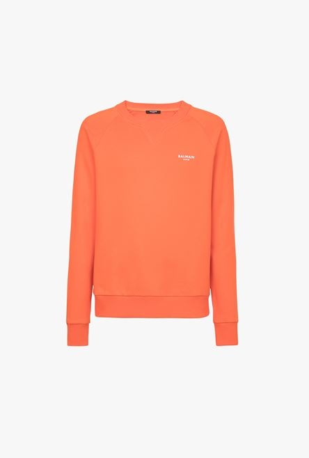 Bright orange eco-designed cotton sweatshirt with small flocked white Balmain Paris logo - 1