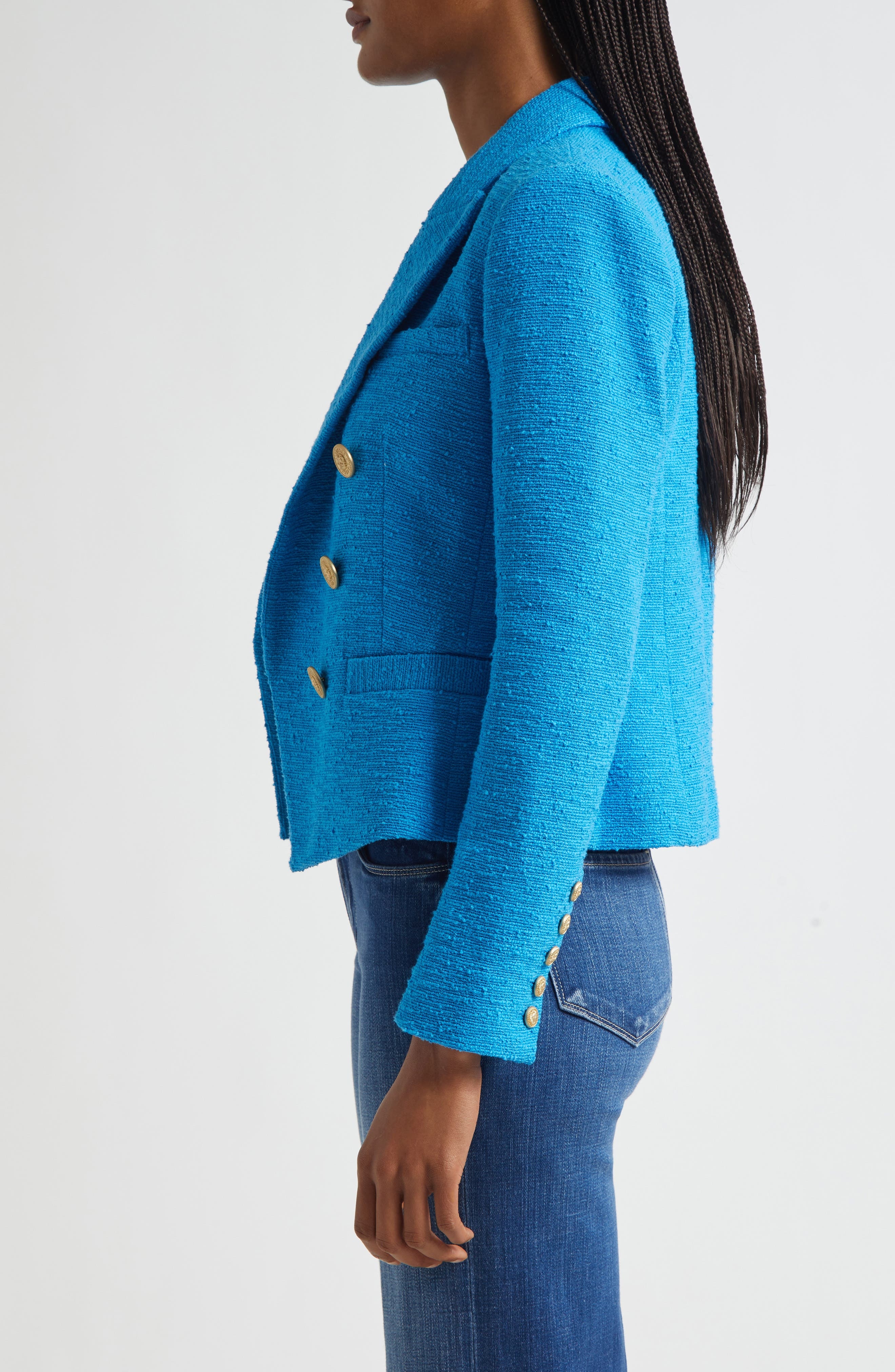 L'AGENCE Brooke Double Breasted Crop Cotton Blend Blazer in Dresden Blue/Gold Chain at Nordstrom - 4