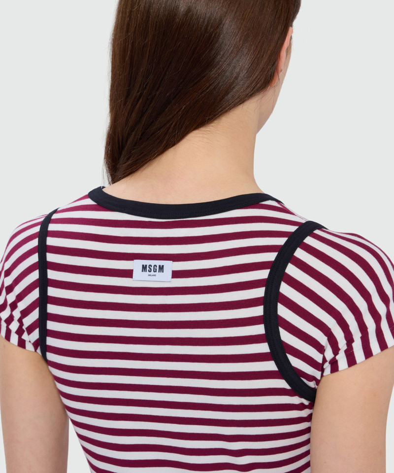 Burgundy striped short-sleeve cotton jersey T-shirt with contrast trims 5