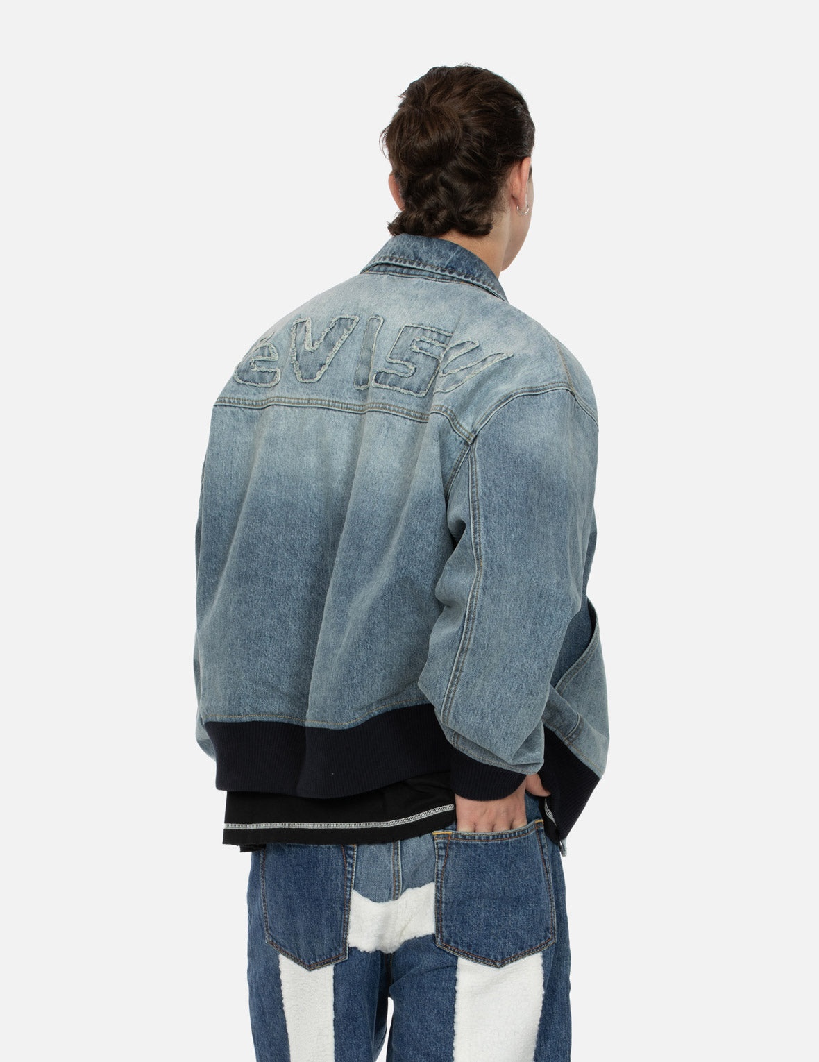 LOGO APPLIQUÉ EMBROIDERY OVERSIZED DENIM BOMBER JACKET - 7