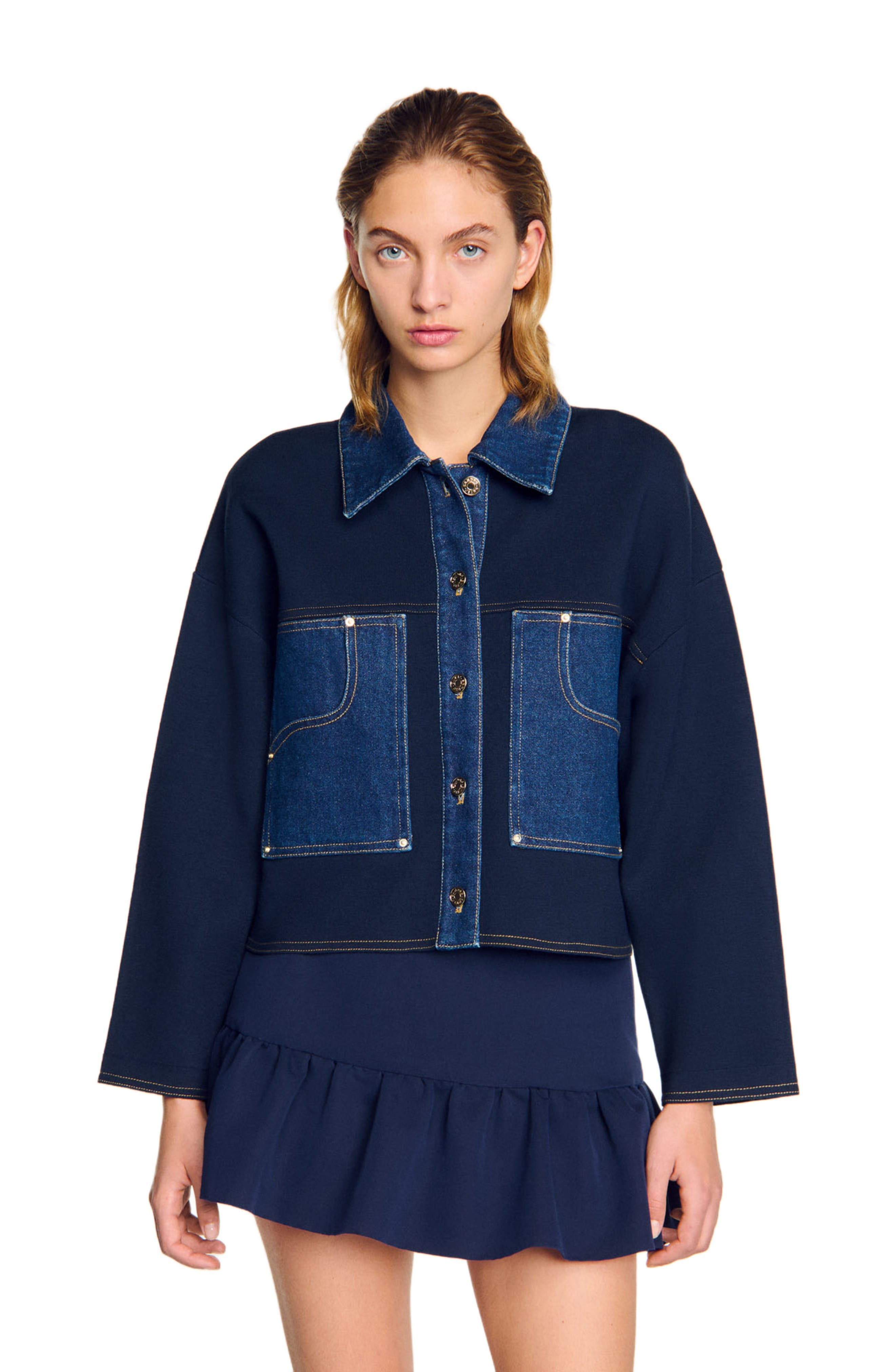 SANDRO Denim detail cardigan in Navy Blue at Nordstrom - 3