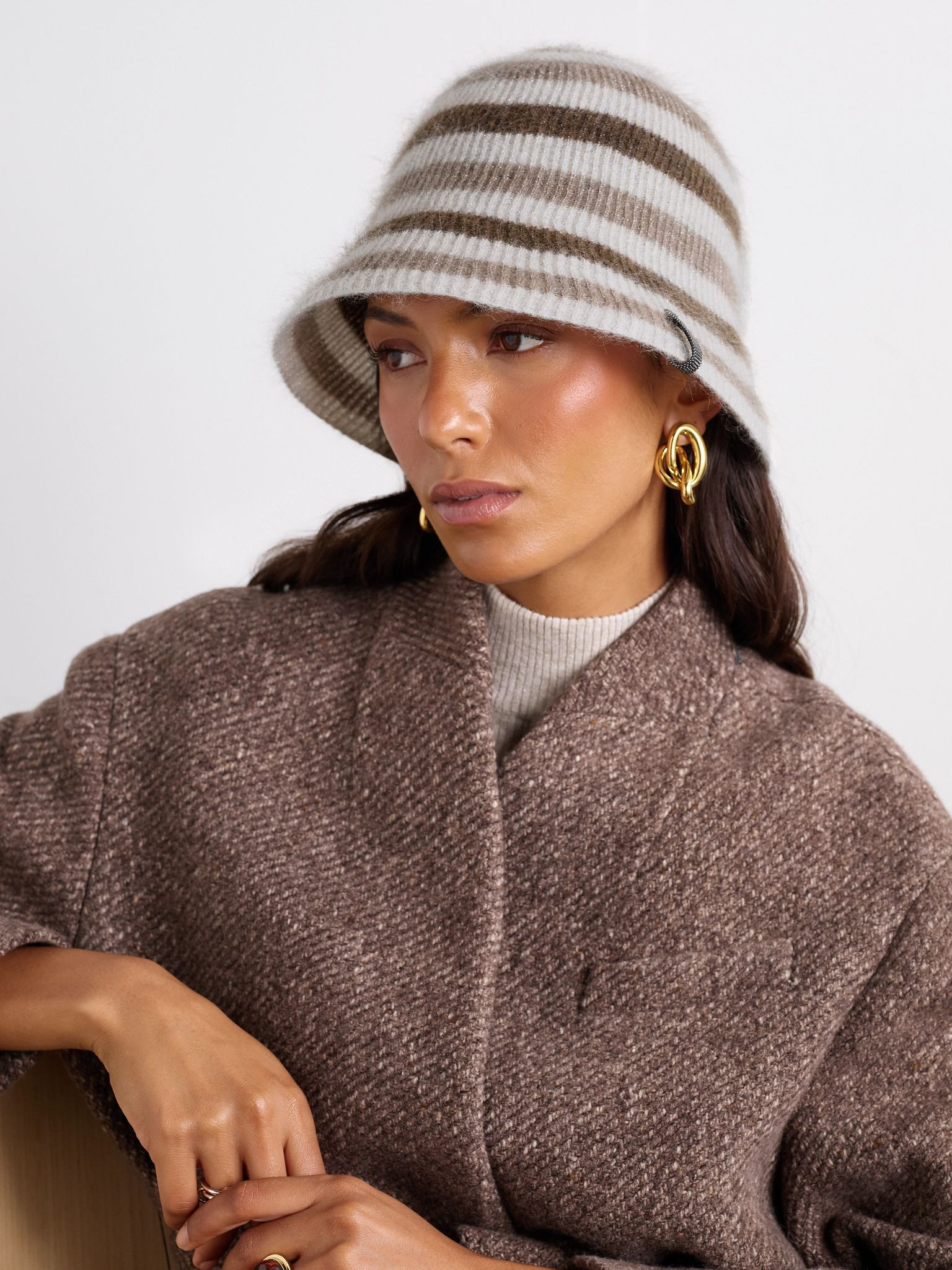 Bead-embellished striped metallic ribbed-knit bucket hat Brown - 2