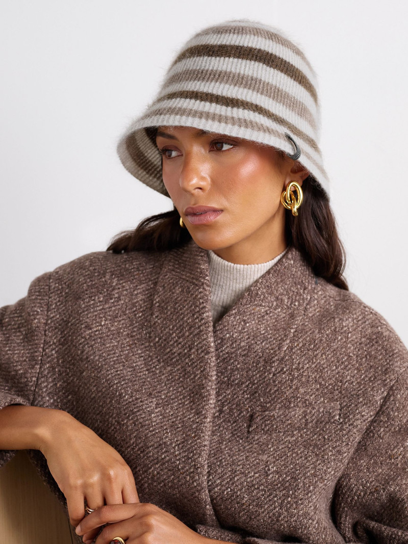 Brunello Cucinelli Bead-embellished striped metallic ribbed-knit bucket hat Brown outlook