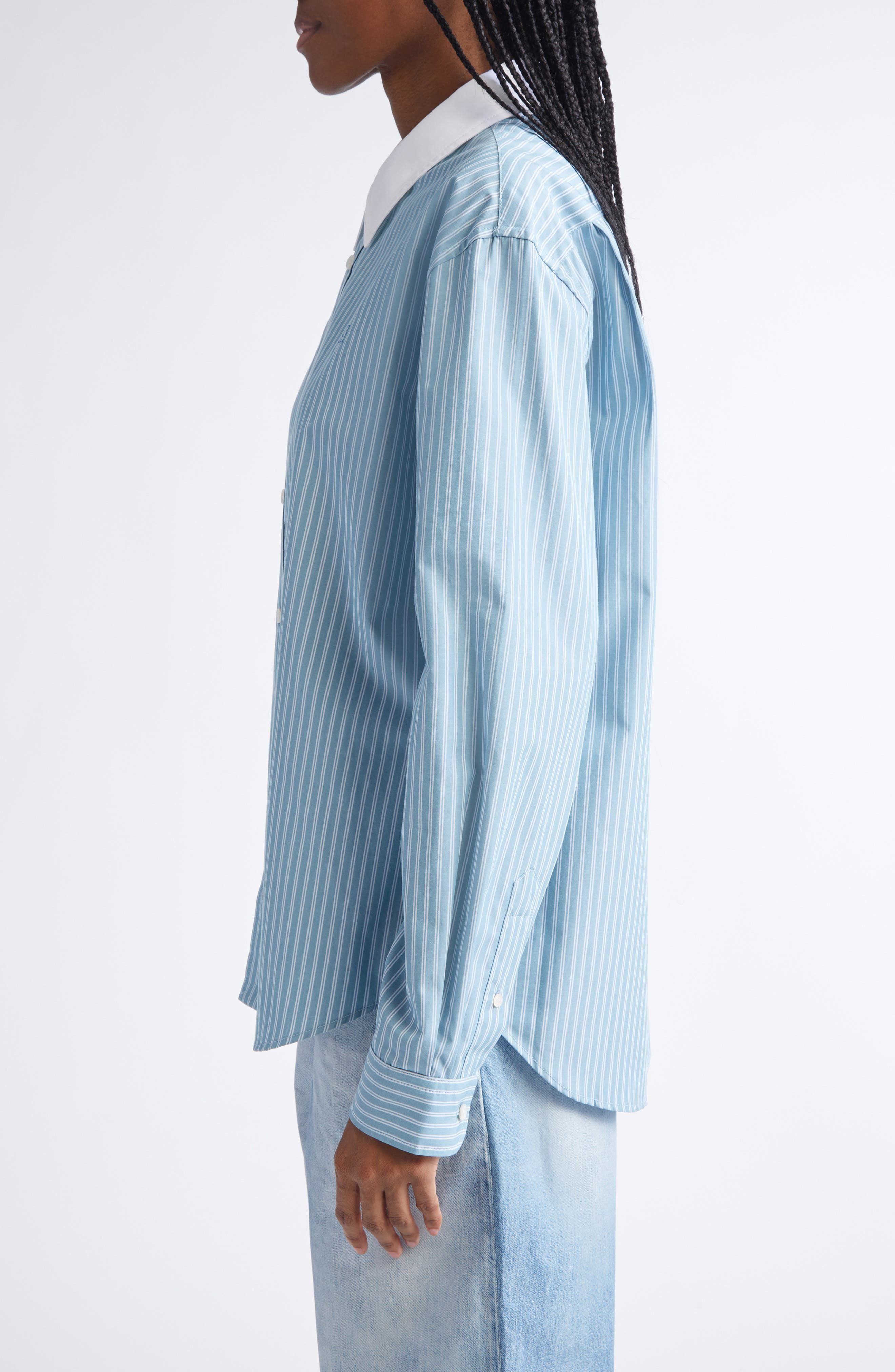 Acne Studios Sunnie Stripe Organic Cotton Poplin Button-Up Shirt in Turquoise Blue at Nordstrom - 4