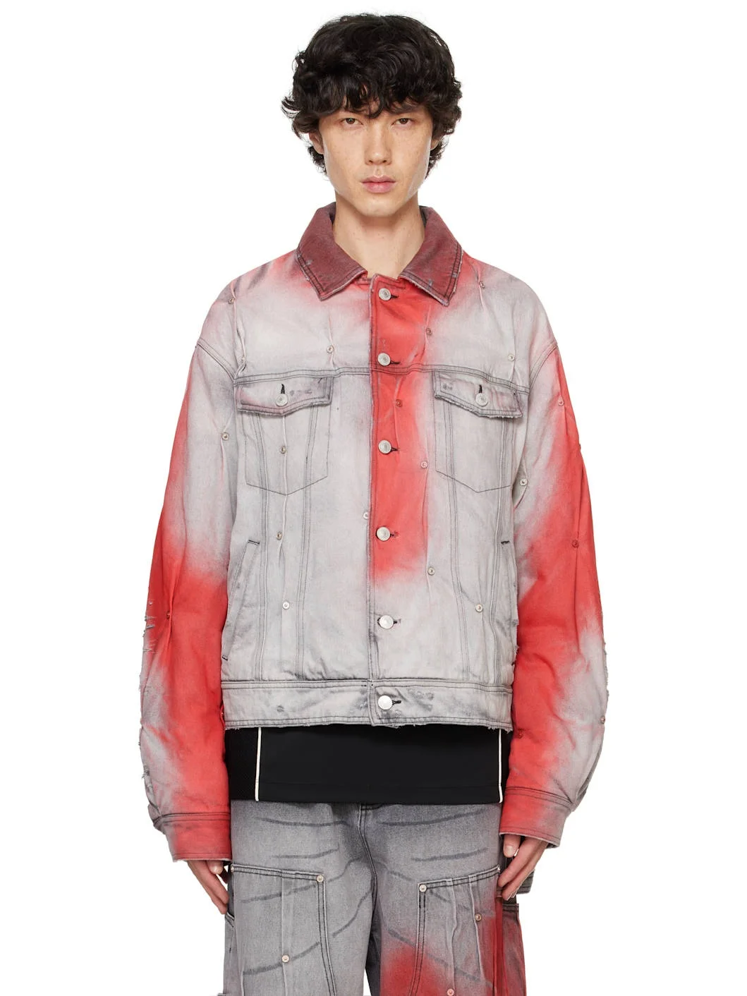 Gray & Red Padded Multi Rivet Denim Jacket - 1
