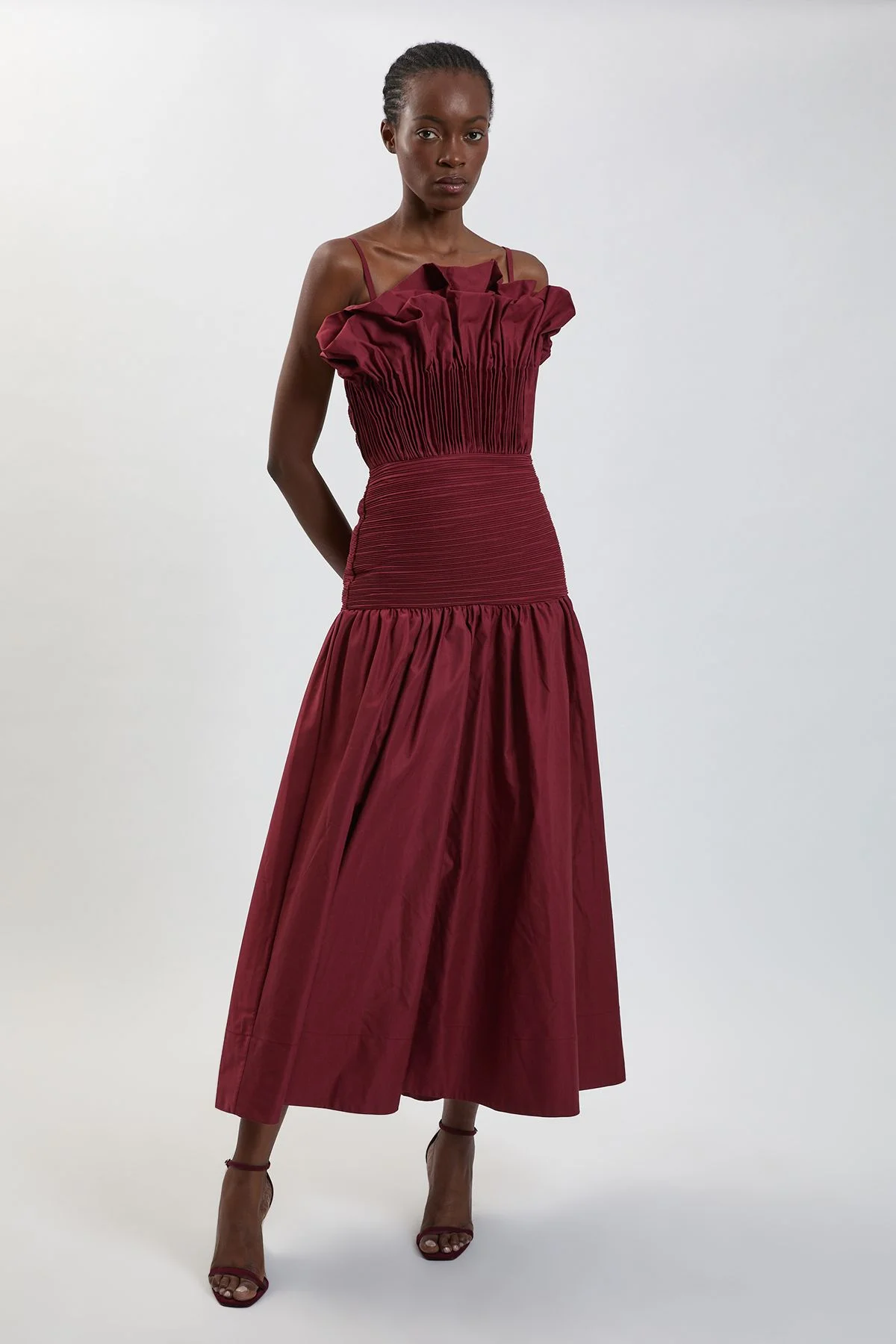 Petite Taffeta Ruffle Detail Midi Dress - 1