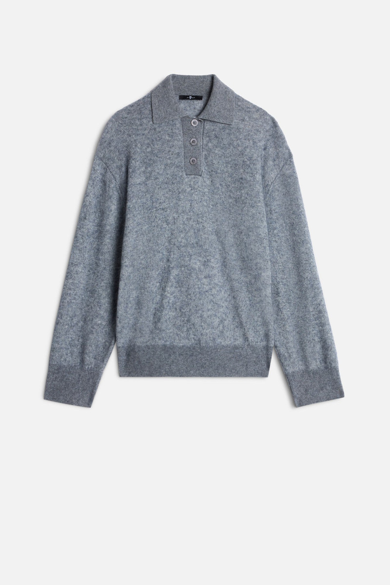 Cashmere Blend Fuzzy Polo Sweater in Grey 1