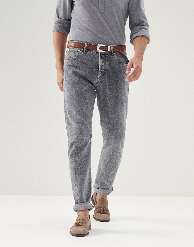 Aged denim leisure fit five-pocket trousers 1