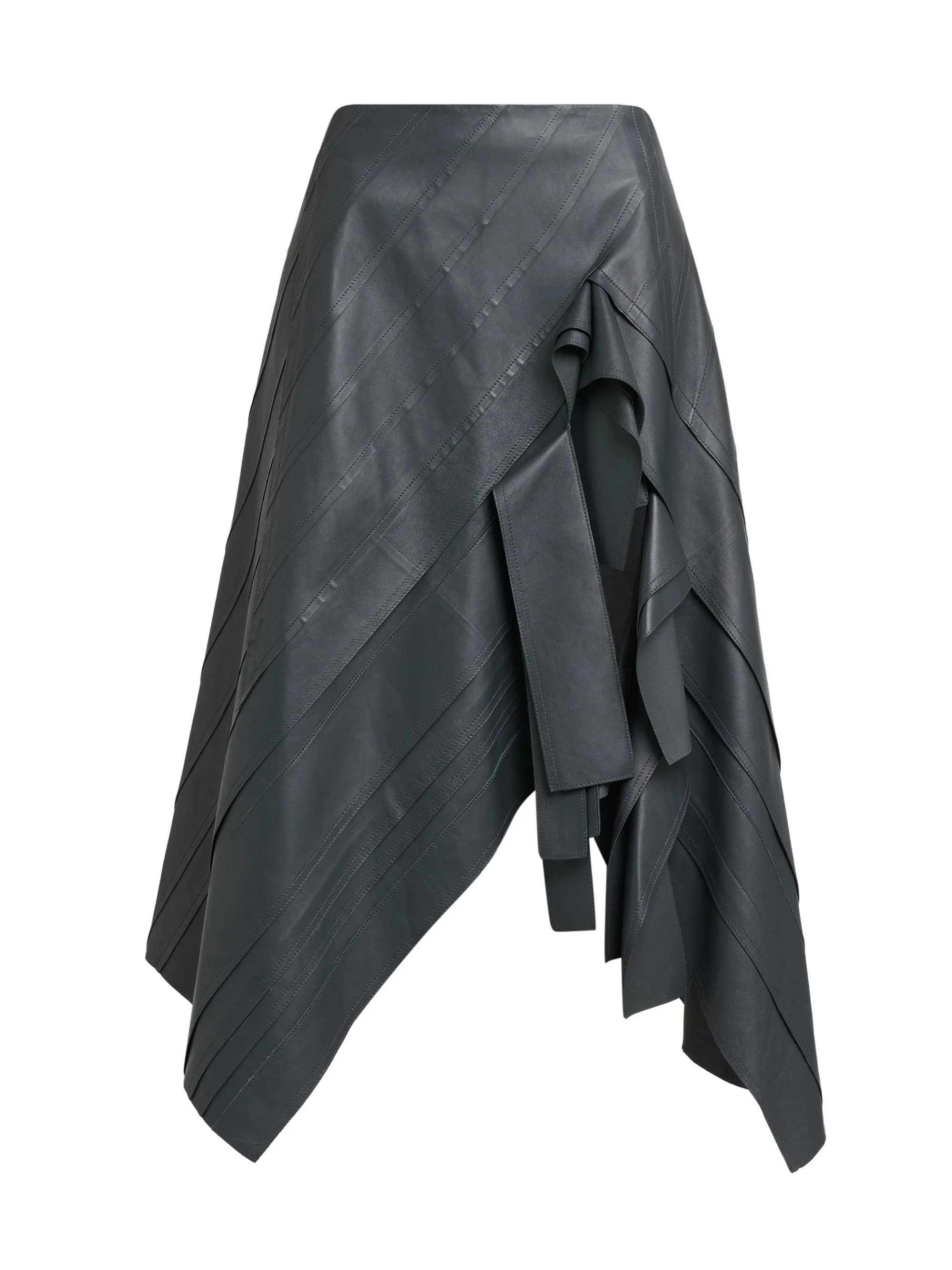 Women's Asymmetric Ruffled Leather Midi-Skirt - Iron - 1