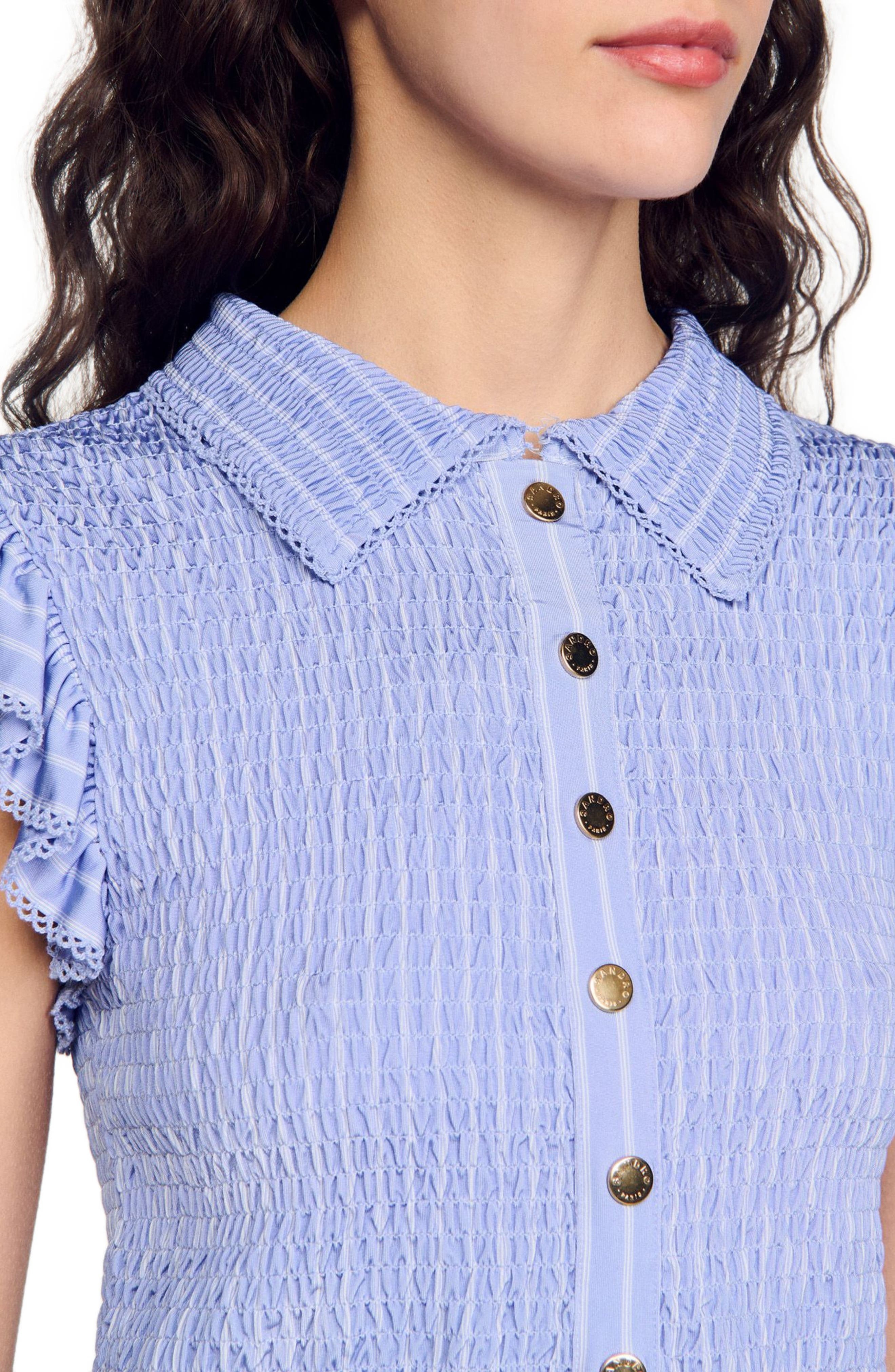 SANDRO Striped smocked T-shirt in Sky Blue at Nordstrom - 4