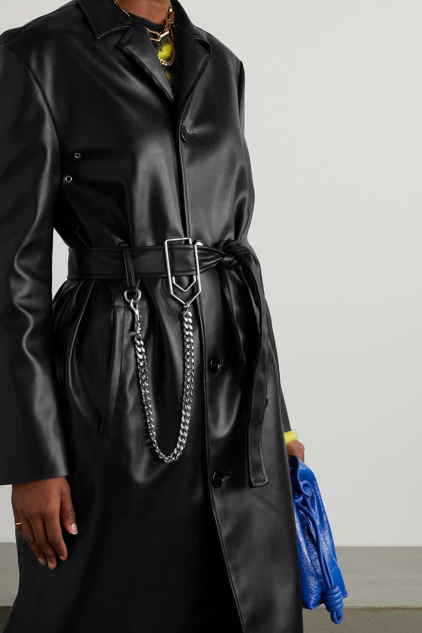 Chain-embellished belted faux leather trench coat - 3