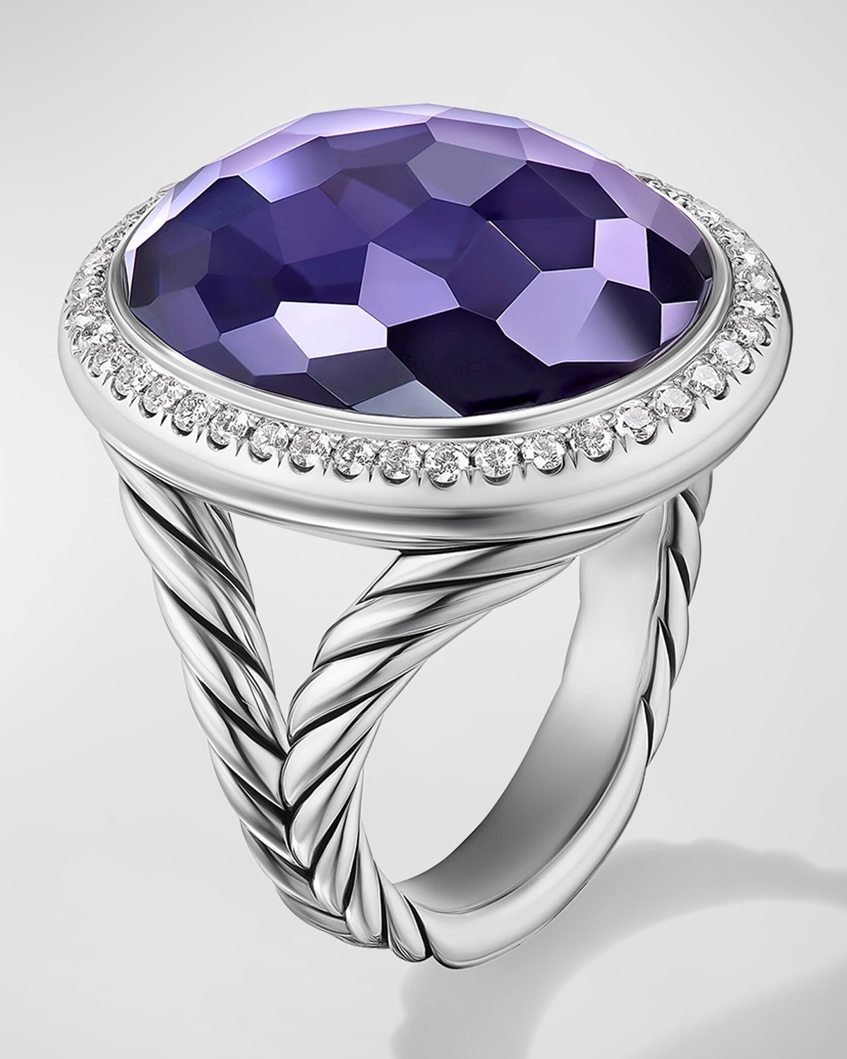 Oval Ring with Gemstone and Diamonds in Silver, 24.5x21mm - 3