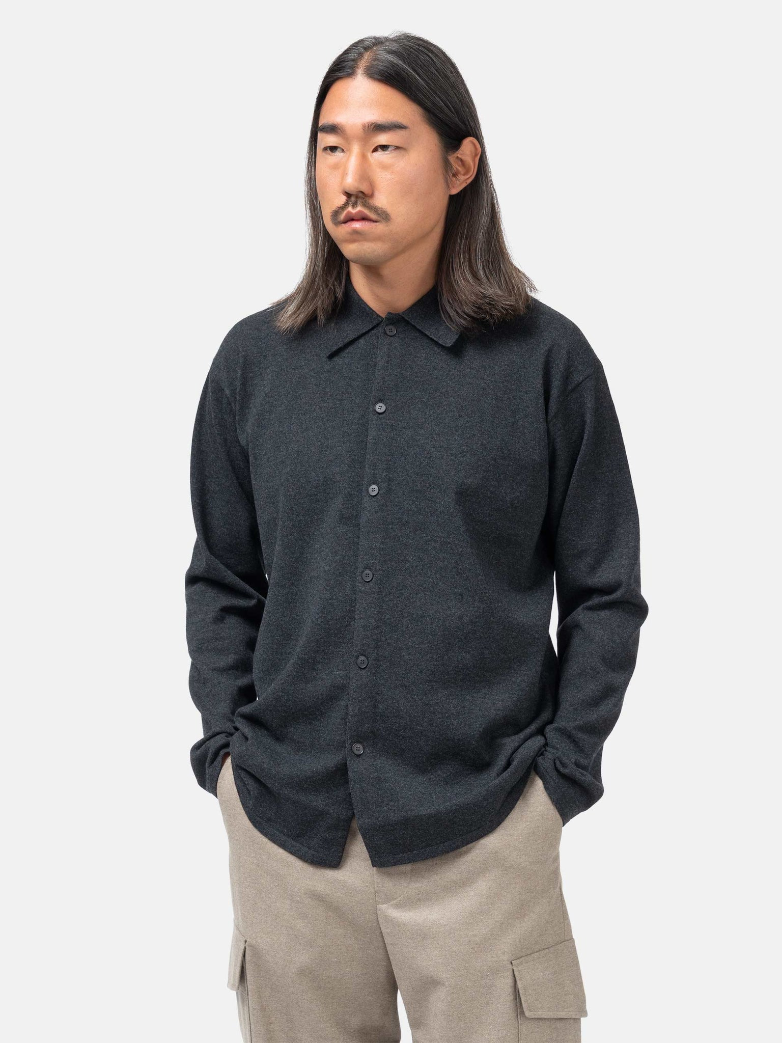 High Twist Wool Knit Shirt Cardigan Charcoal - 4
