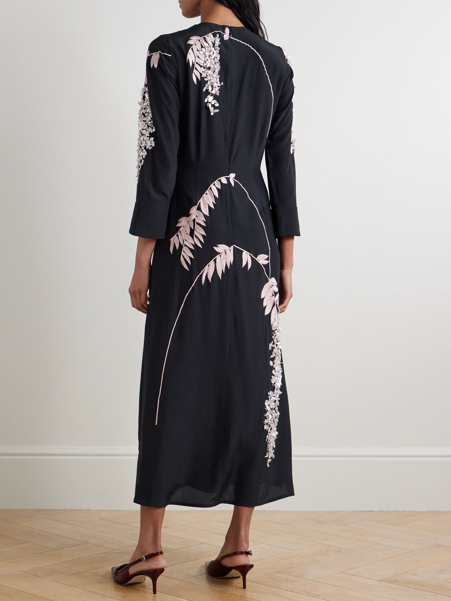 Harry embellished silk crepe de chine midi dress Black - 3