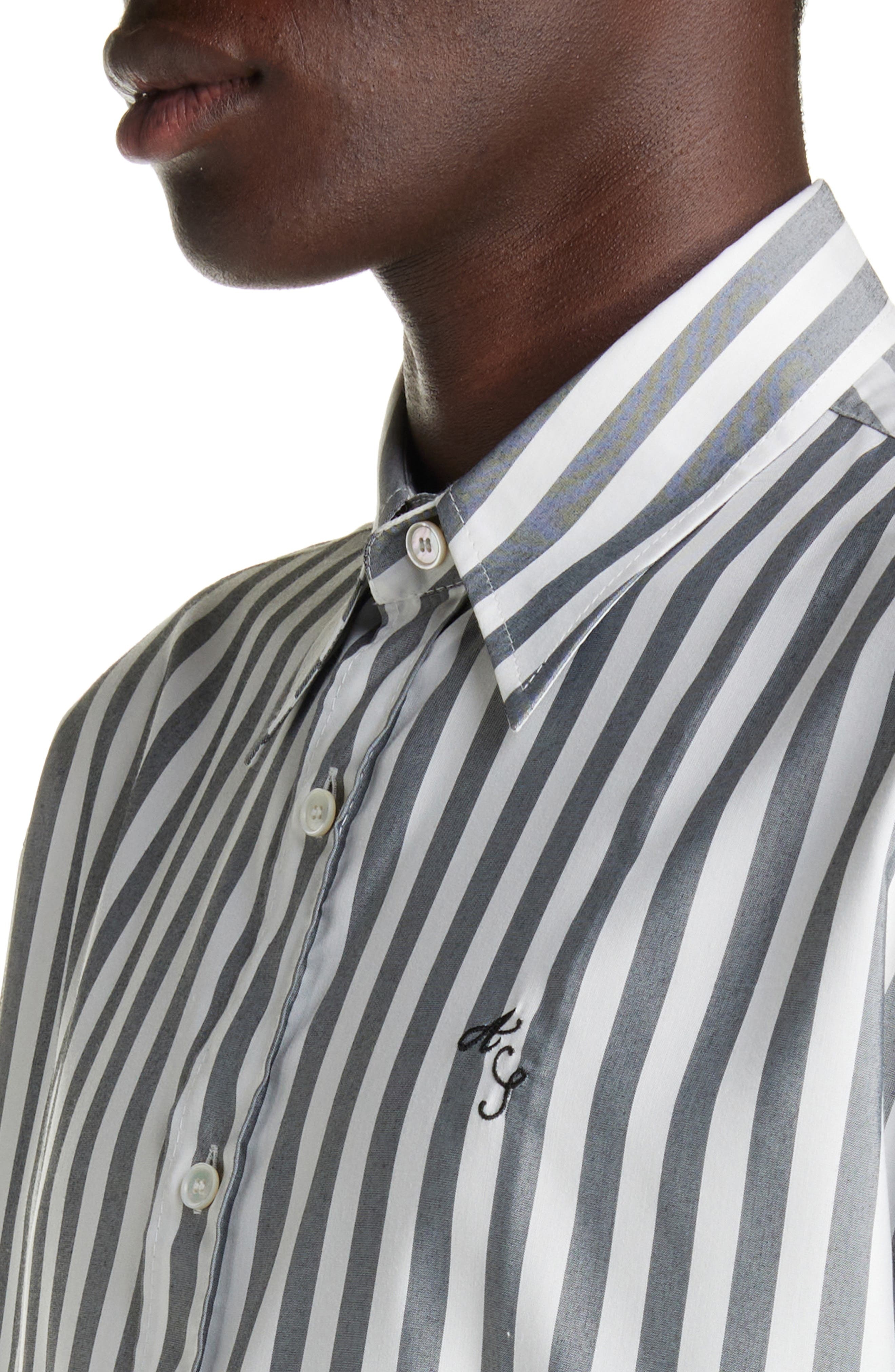 Acne Studios Embroidered Logo Stripe Button-Up Shirt in Black/White at Nordstrom - 5