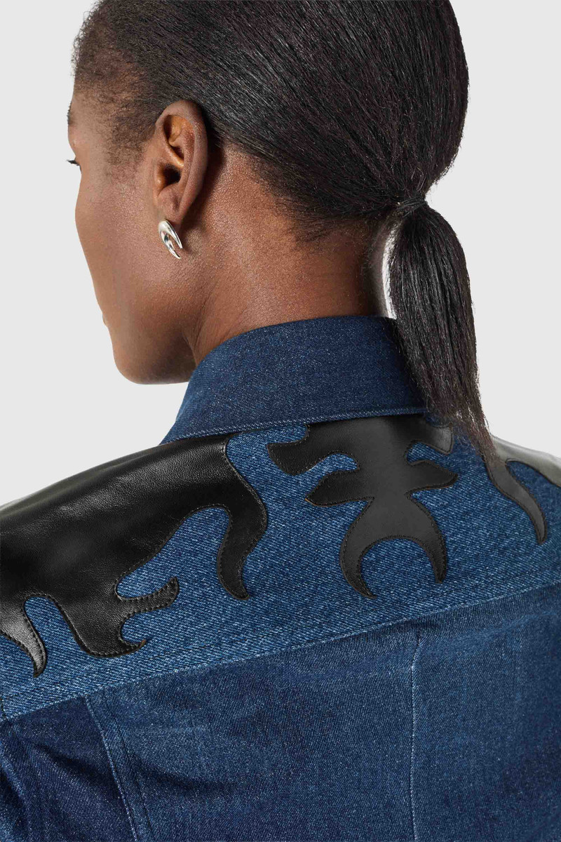 Upcycled denim trucker jacket with leather patches 4