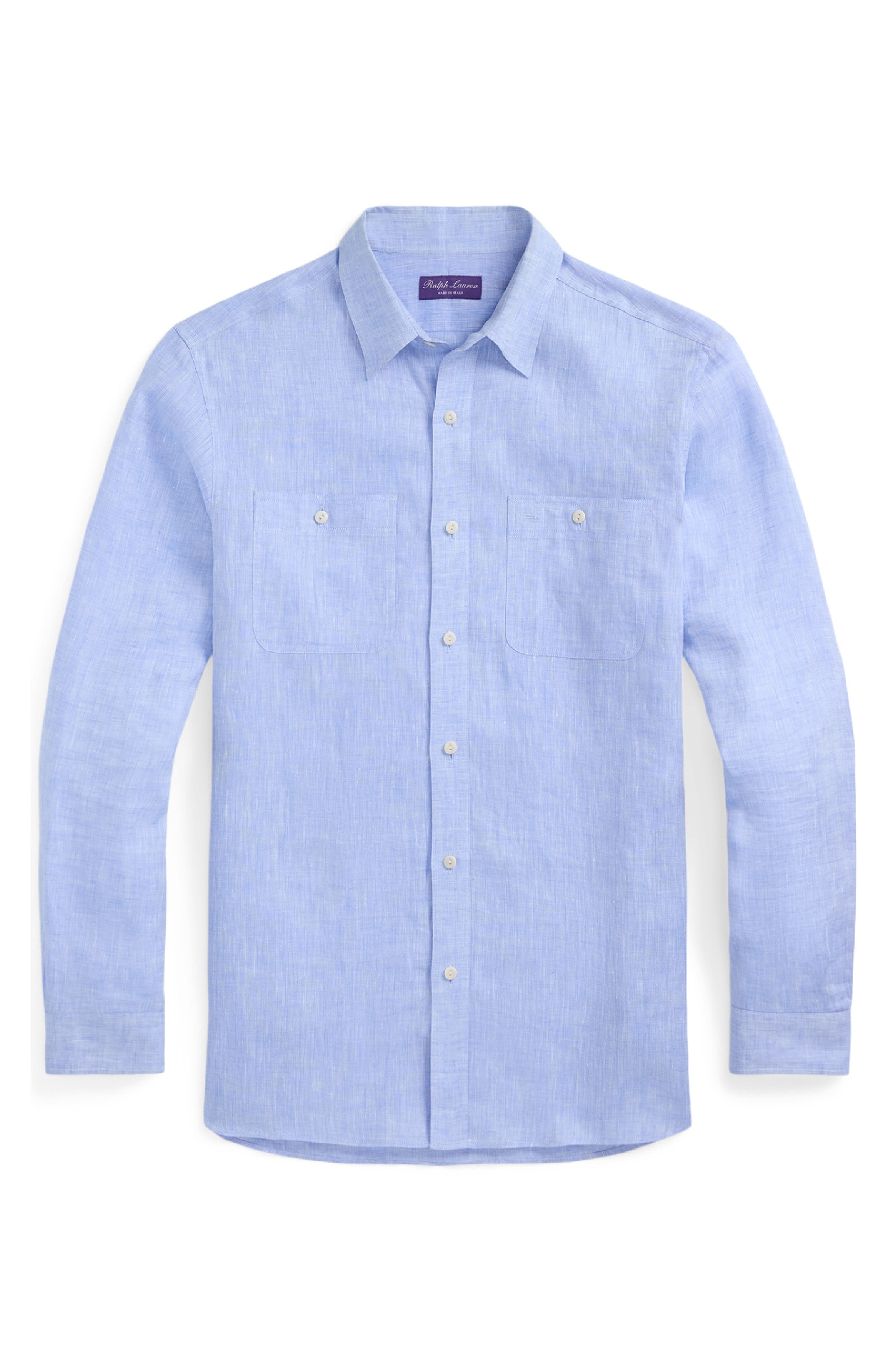 Ralph Lauren Purple Label Linen Chambray Button-Up Shirt in Light Blue at Nordstrom - 5