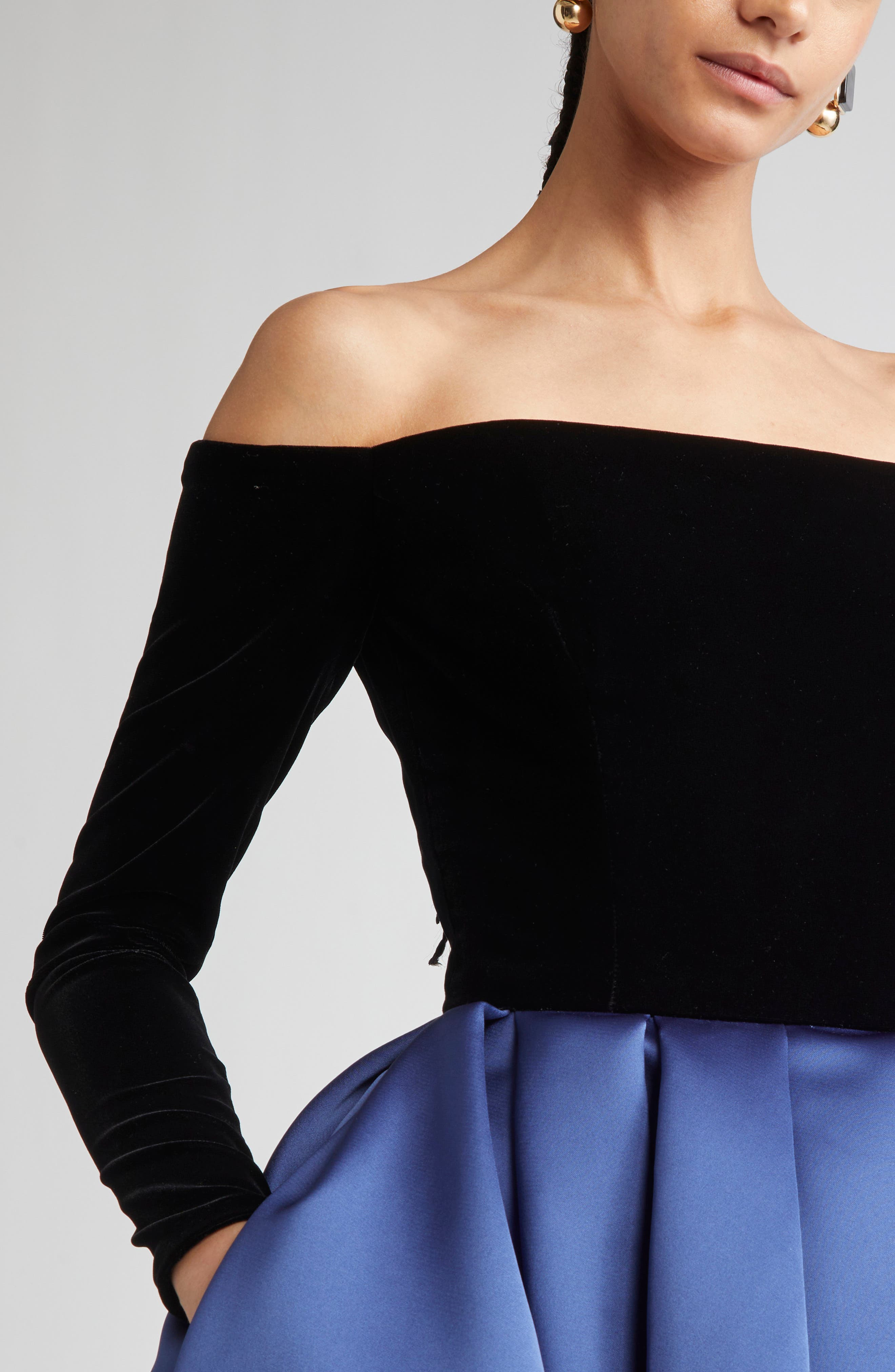 Carolina Herrera Off the Shoulder Long Sleeve Mixed Media Cocktail Dress in Dark Navy Multi at Nords - 4