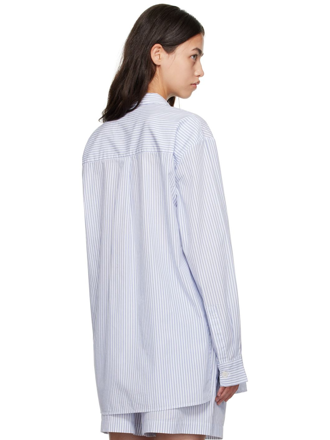White & Blue Poplin Long-Sleeved Pyjama Shirt - 3