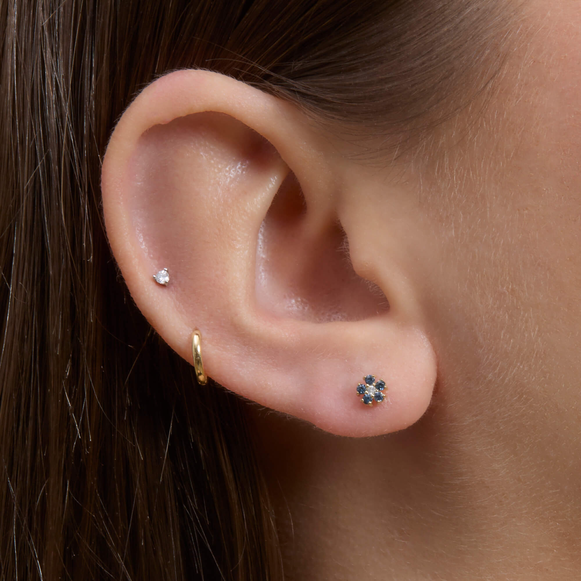 Small Blue Sapphire and Diamond Flower Stud - 2