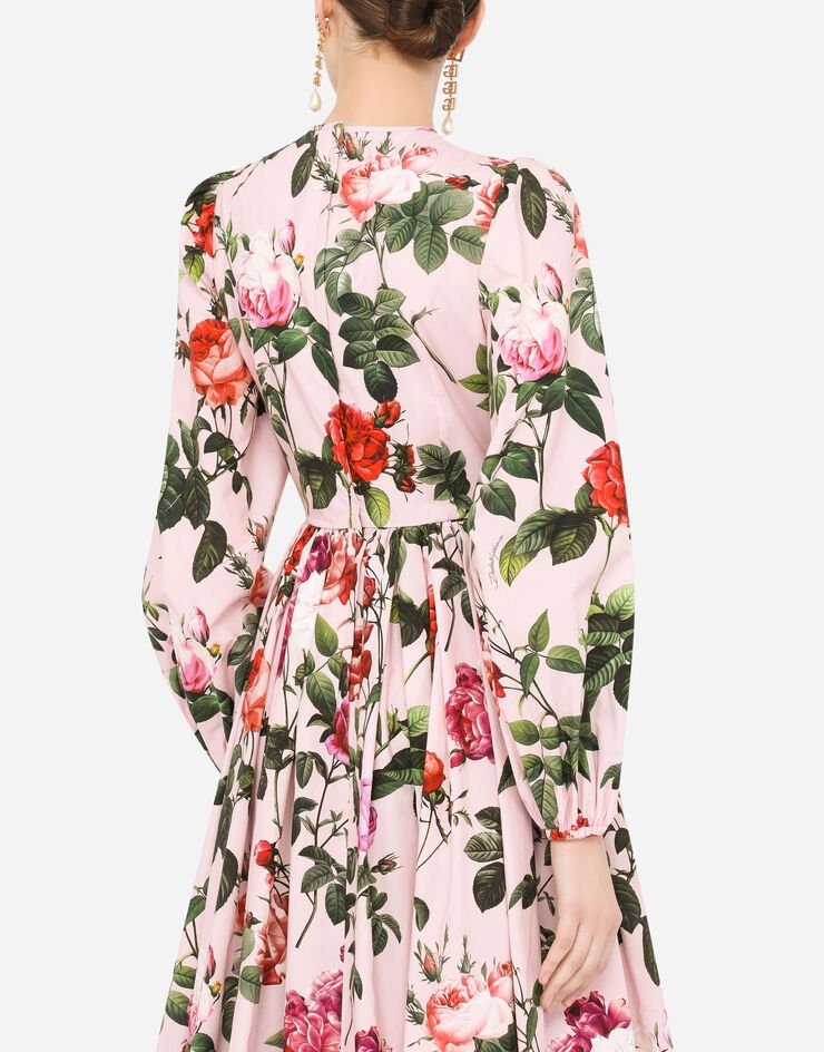 Rose-print poplin calf-length dress - 5