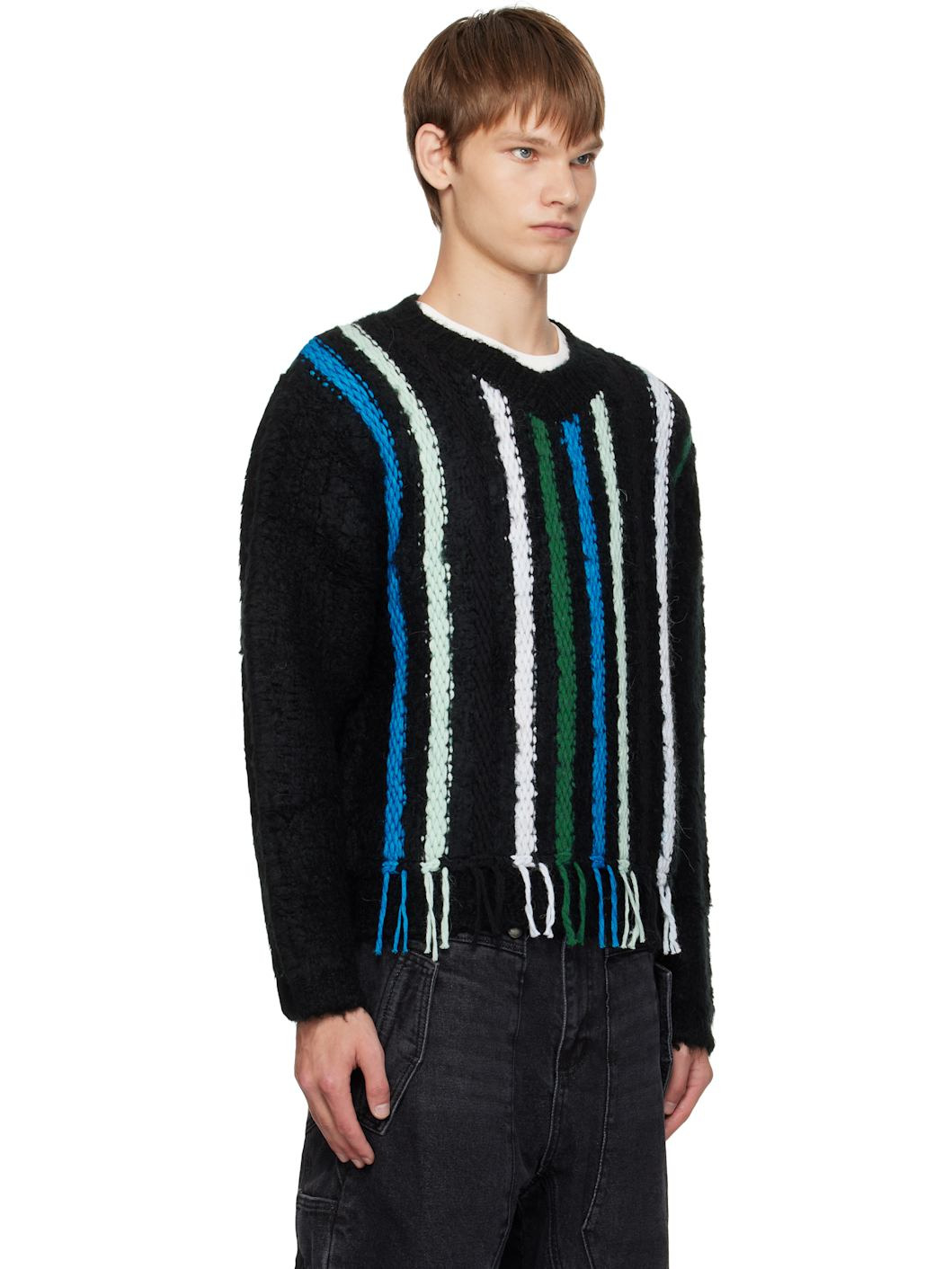 Black V-Neck Reverse Stripe Sweater - 2