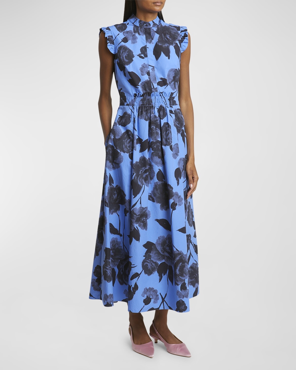 Sleeveless Floral Cotton Midi Dress With Full Skirt - 3