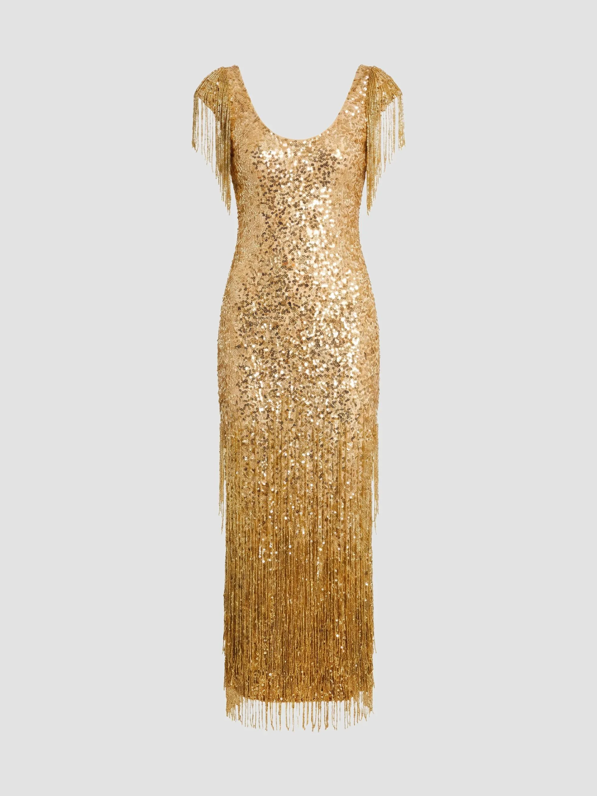 Women's Sequin-Embellished Fringed Mesh Dress - Gold - 1