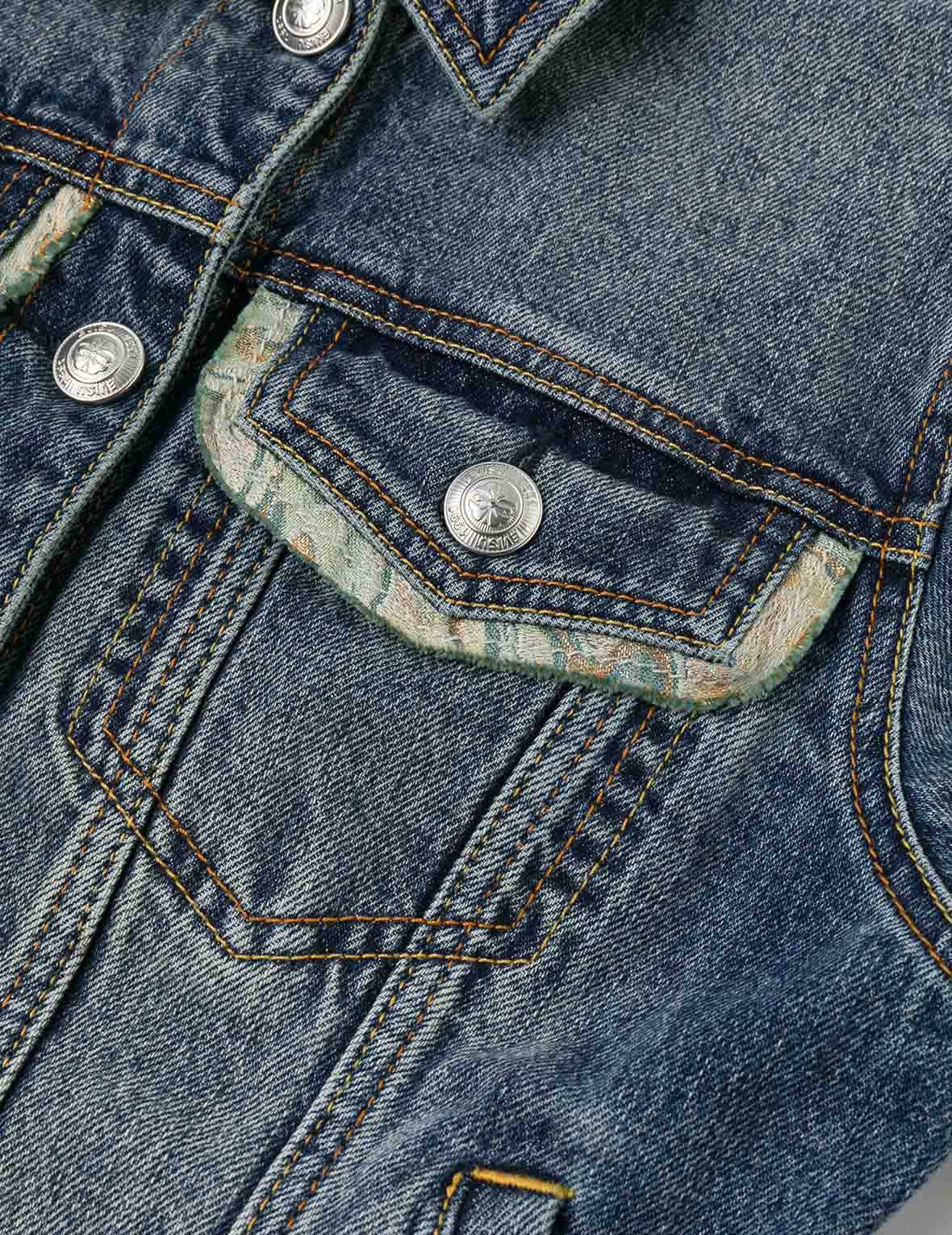 Brocade Inserted Daicock Regular Fit Denim Jacket - 7