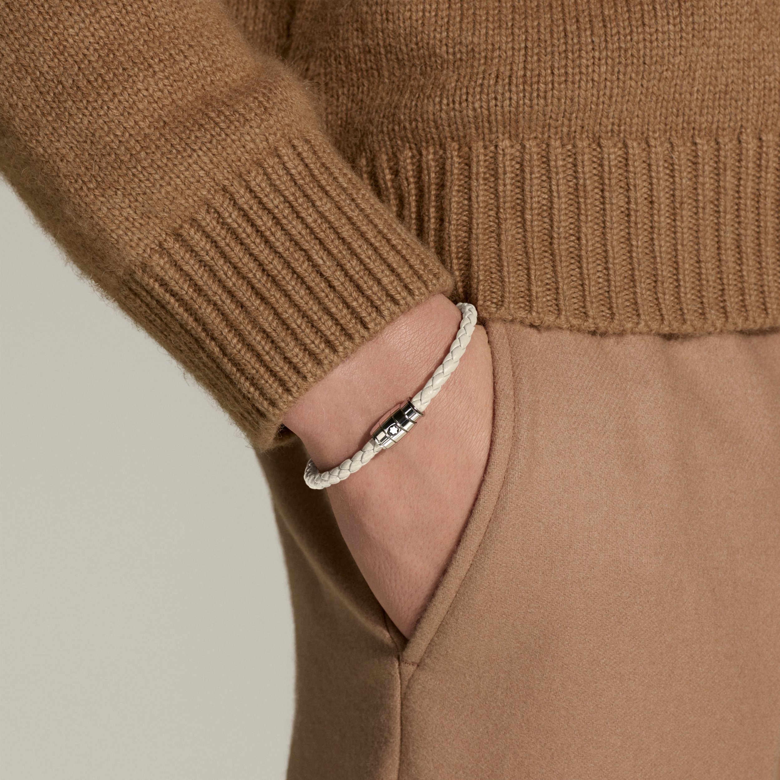 Bracelet Steel 3 Rings Meisterstück Collection in Cloudy Beige Leather, size 60 - 2