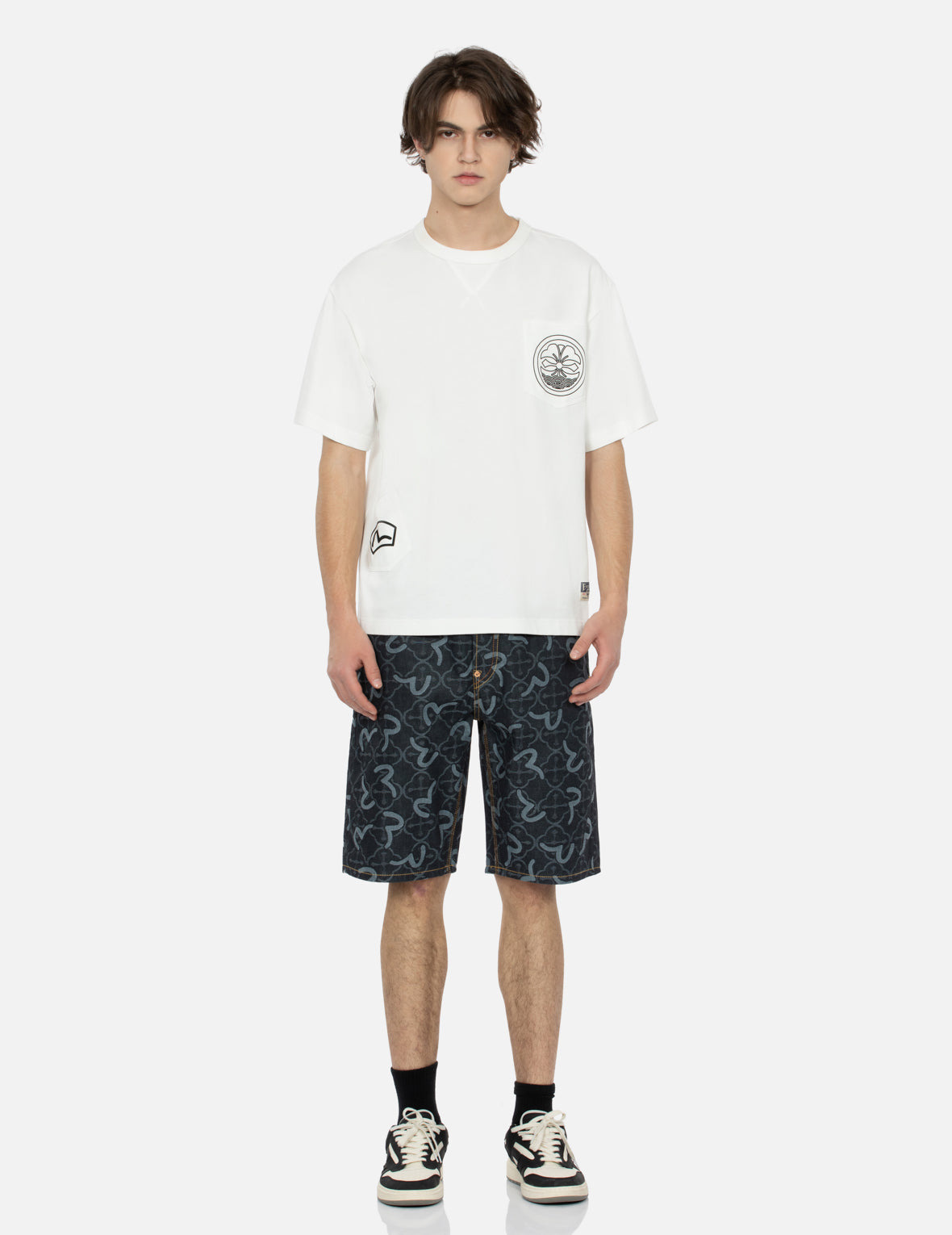 ALLOVER SEAGULL AND KAMON JACQUARD REGULAR FIT DENIM SHORTS - 6