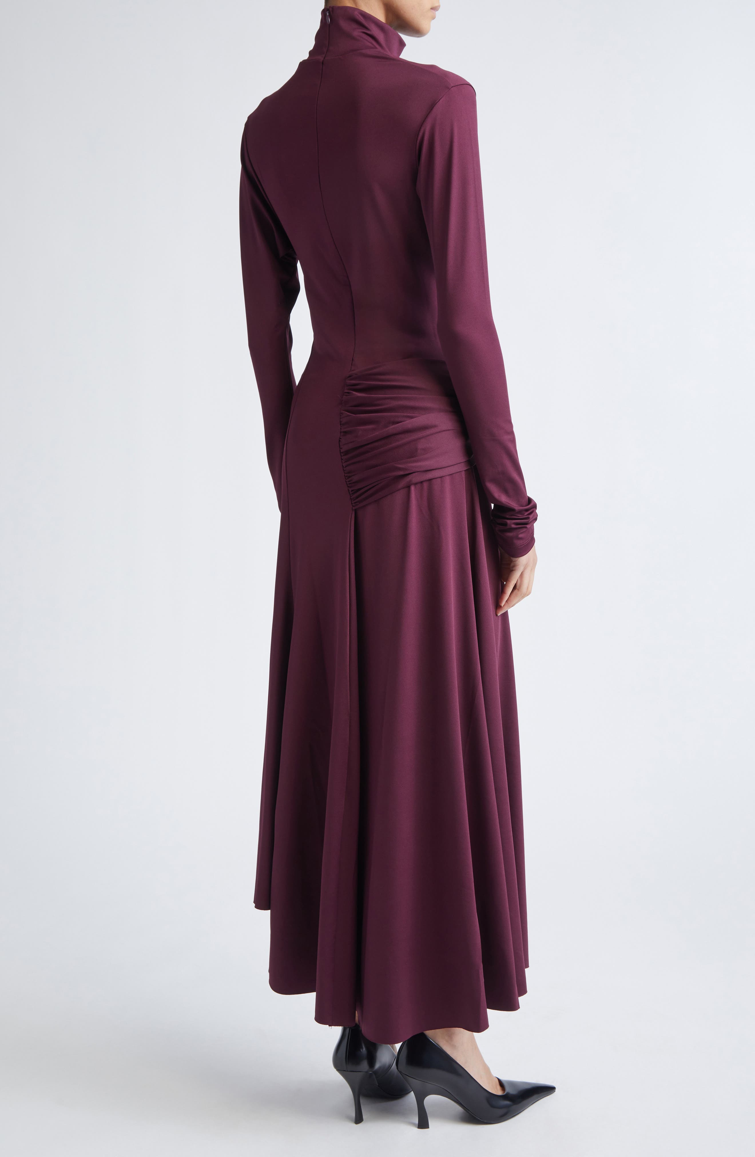 Victoria Beckham Asymmetric Mock Neck Long Sleeve Midi Dress in Merlot at Nordstrom - 2