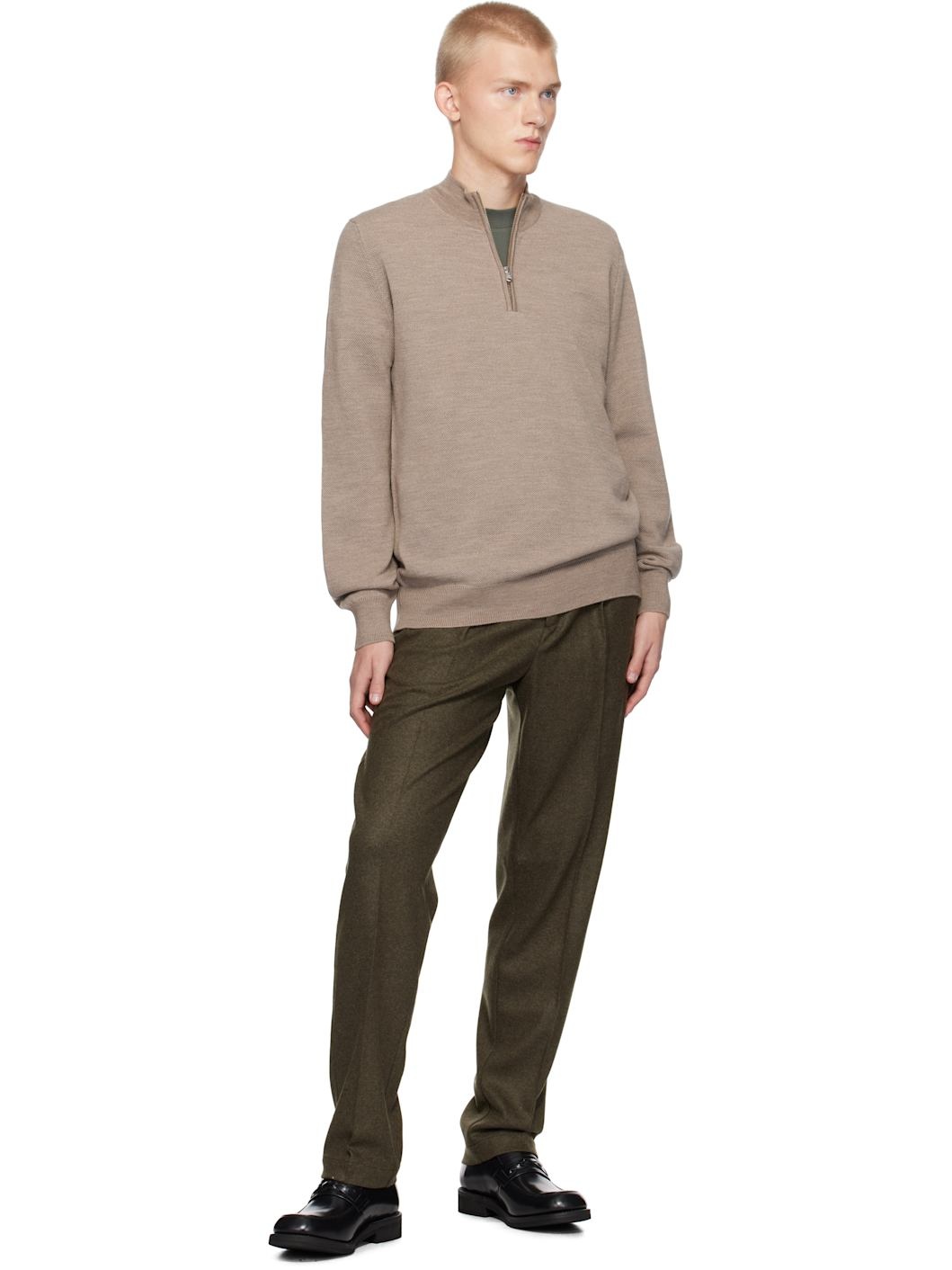 Beige Merino Honeycomb Zip Neck Sweater - 4