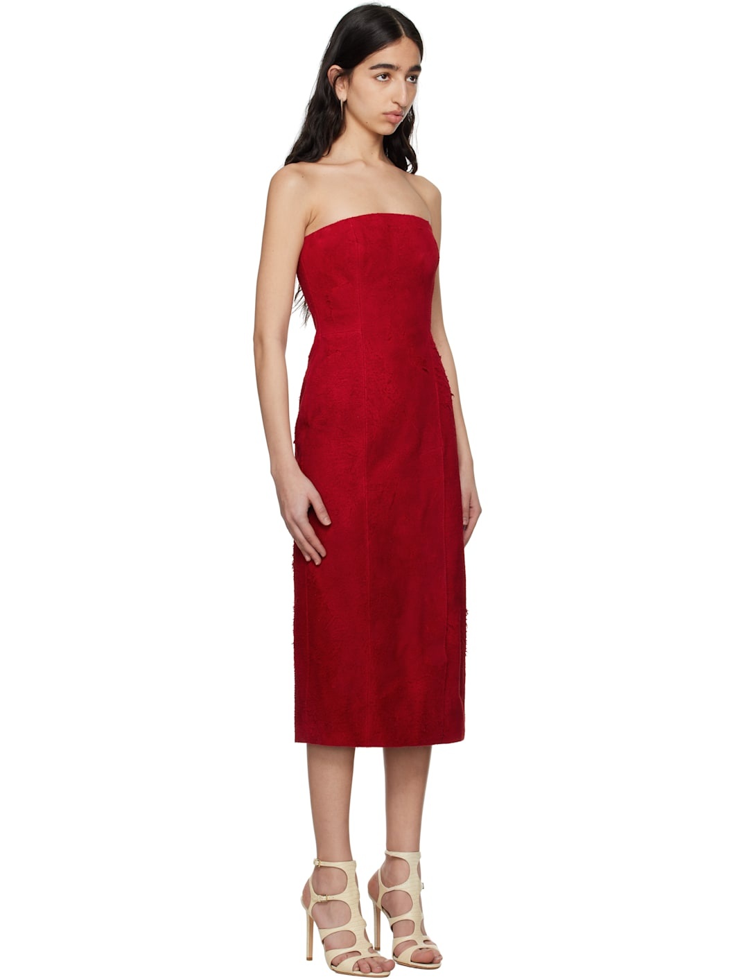 Red Strapless Suede Midi Dress - 2