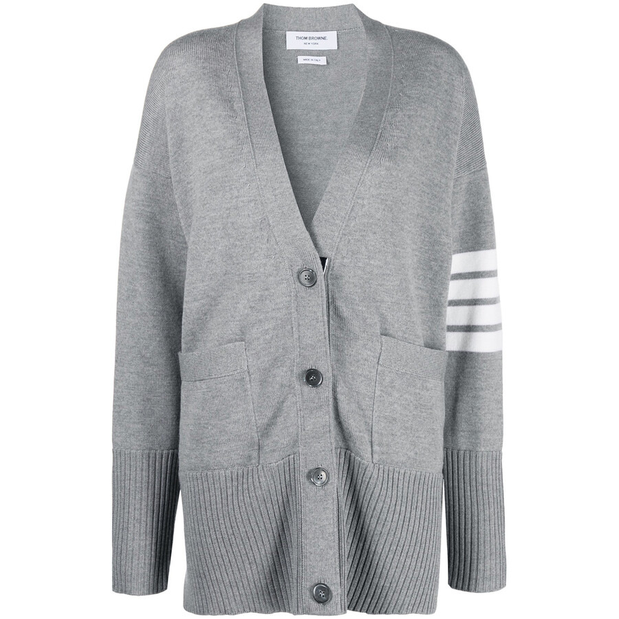 Thom Browne Light Grey 4-Bar Exaggerated Fit V-Neck Cardigan - 4