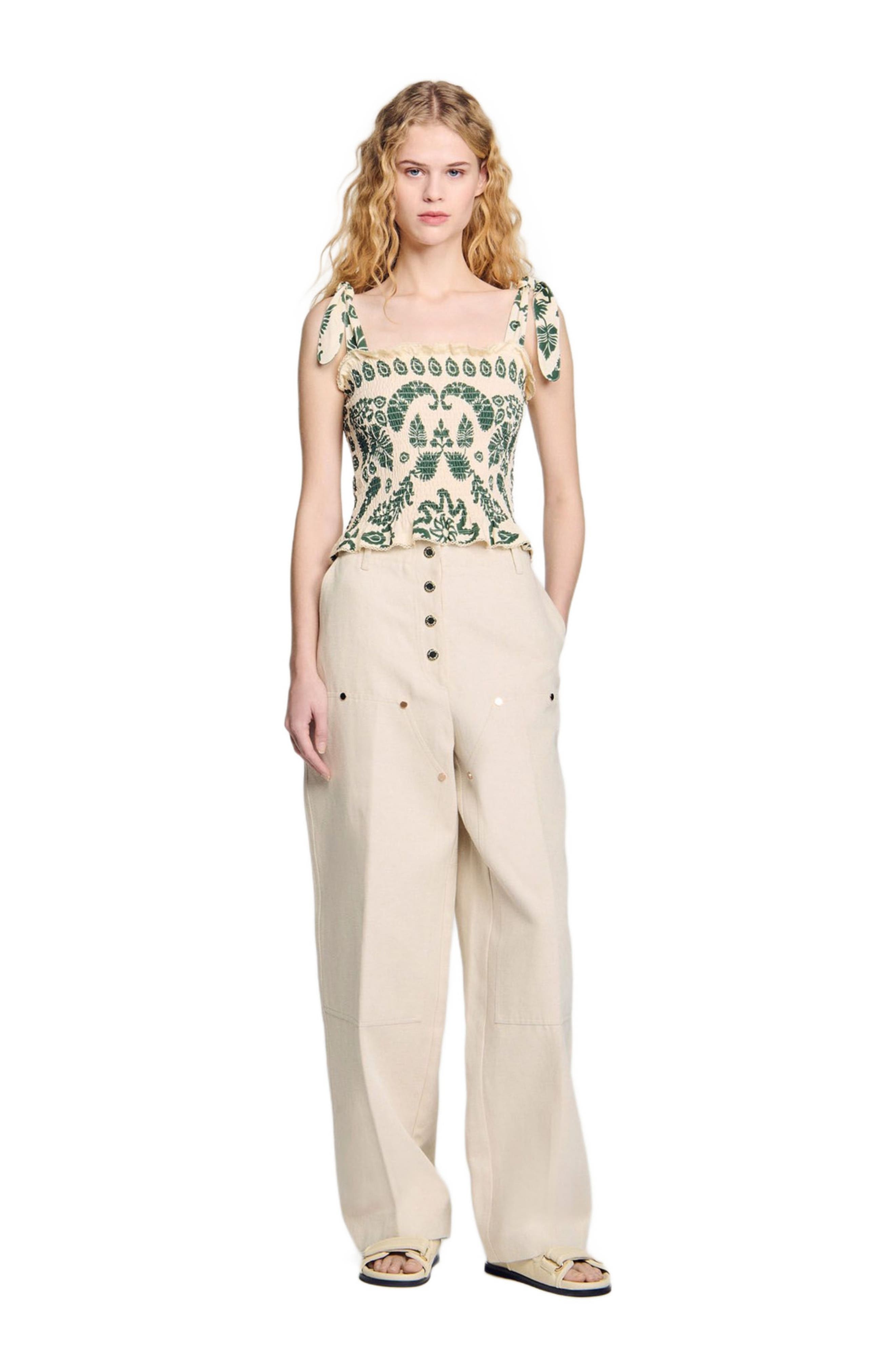 SANDRO Floral motif smocked top in Ecru /Green at Nordstrom - 6