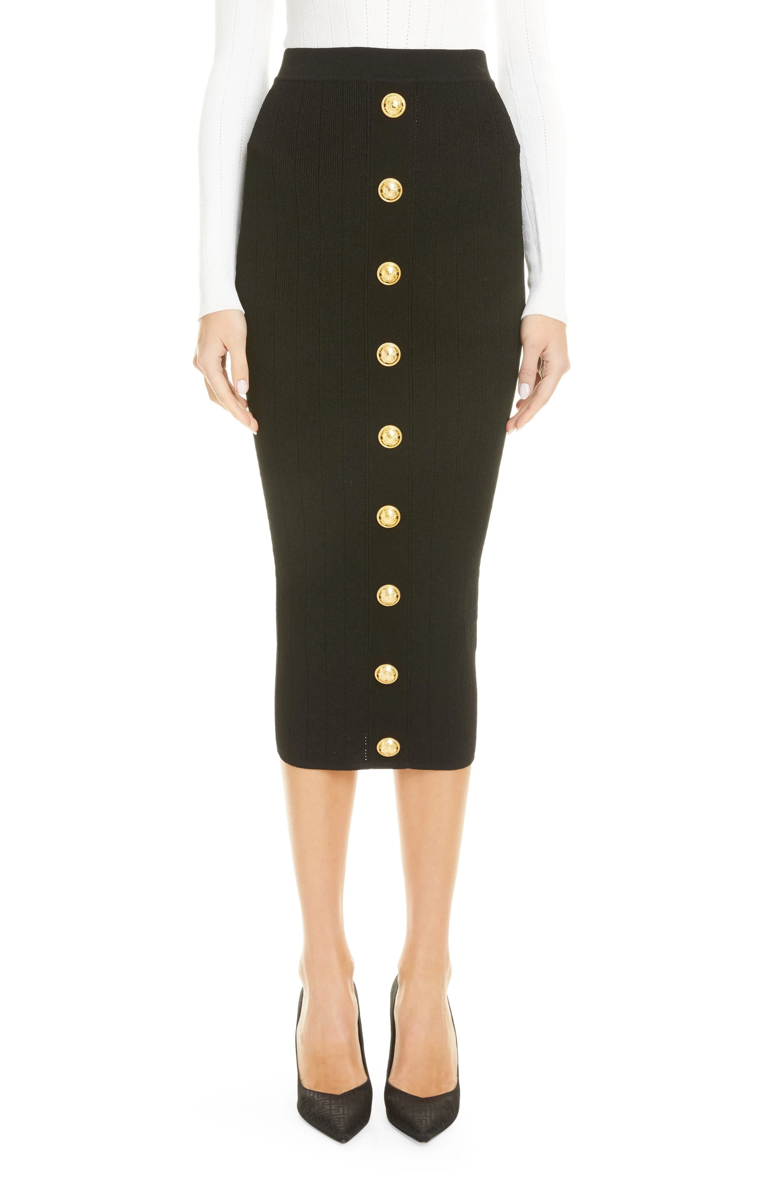Balmain Button Front Rib Midi Skirt in 0Pa 0Pa Noir at Nordstrom - 1