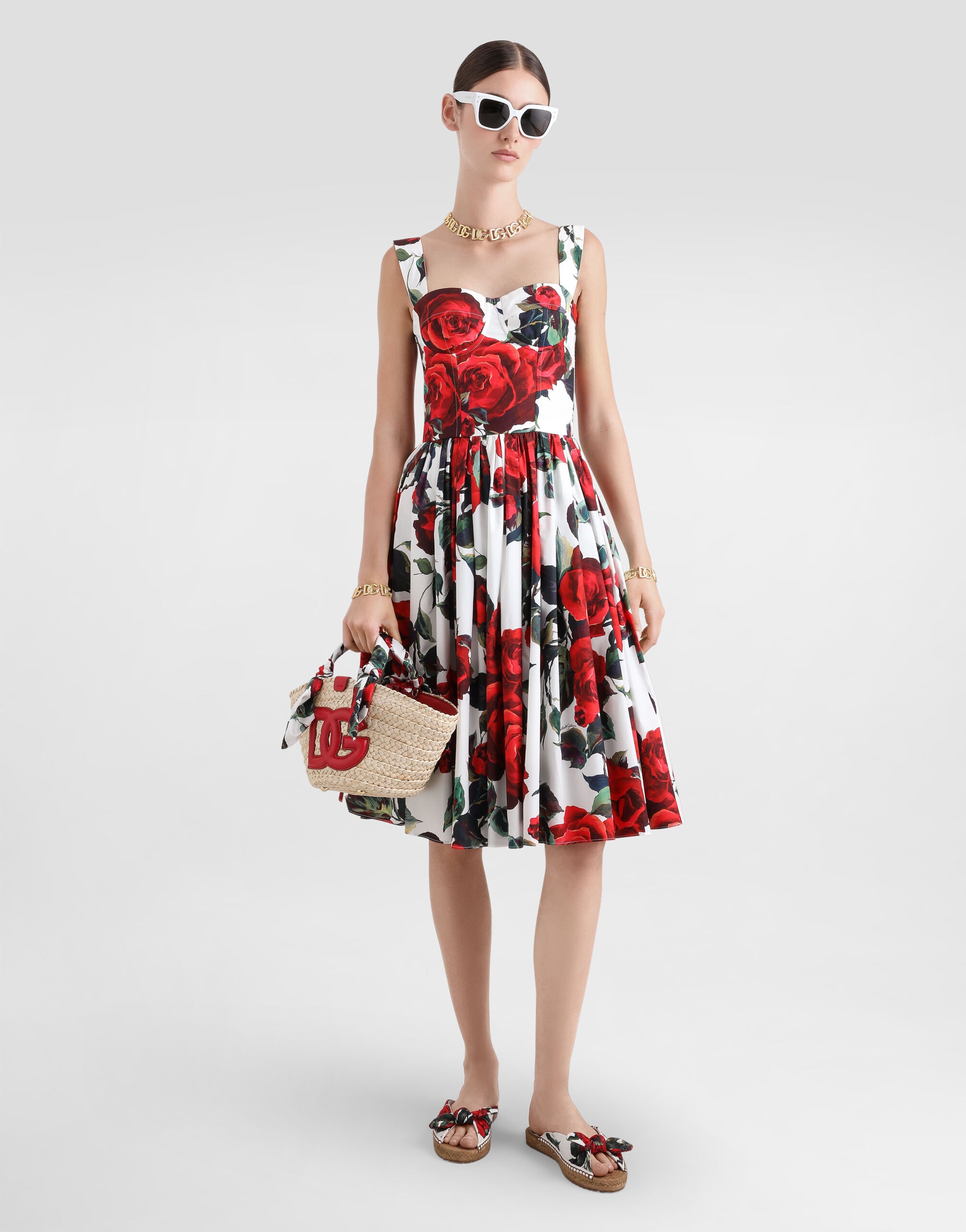 Calf-length corset dress with rose print - 2