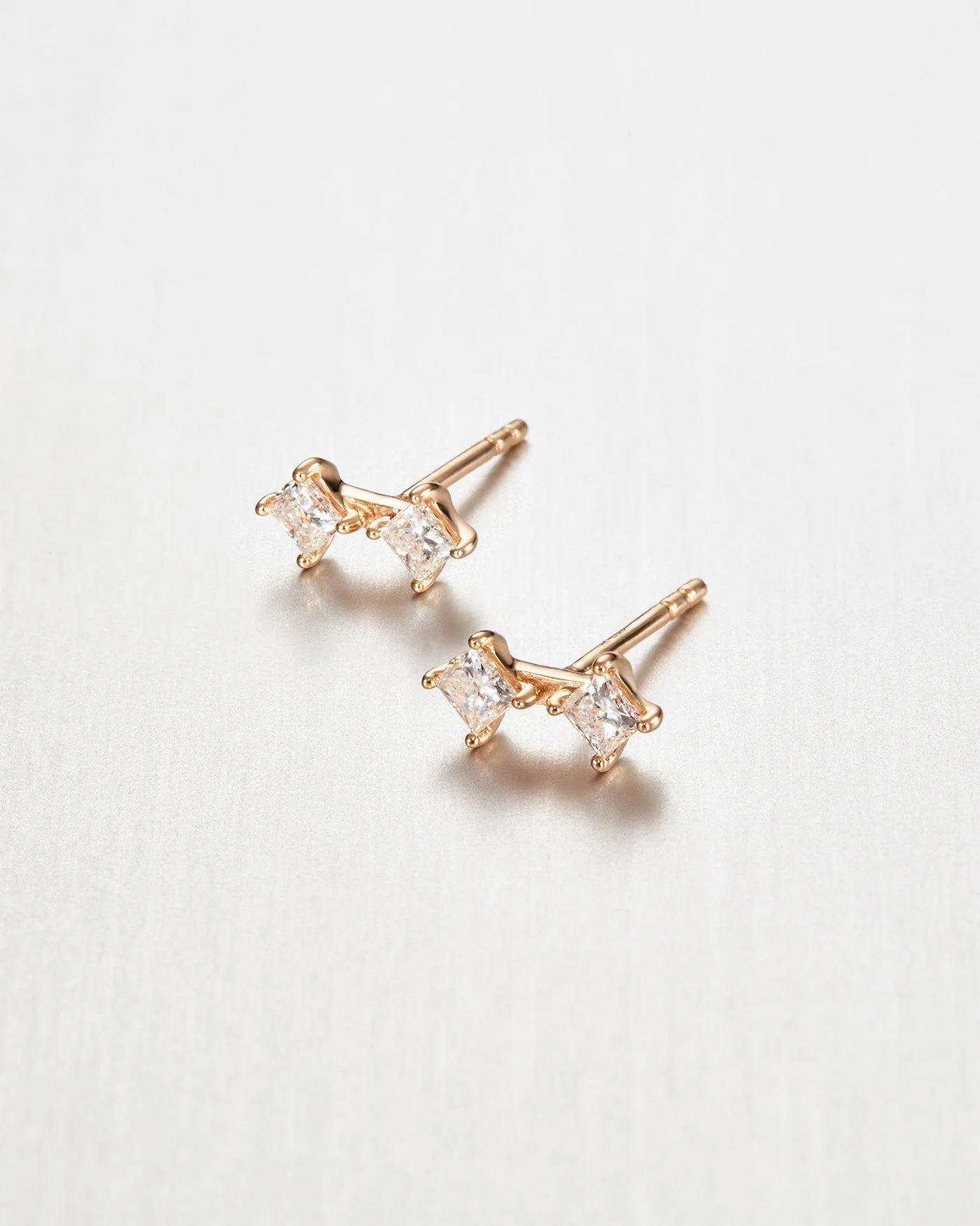 14K Princess Cut Double Diamond Stud Earrings - 1