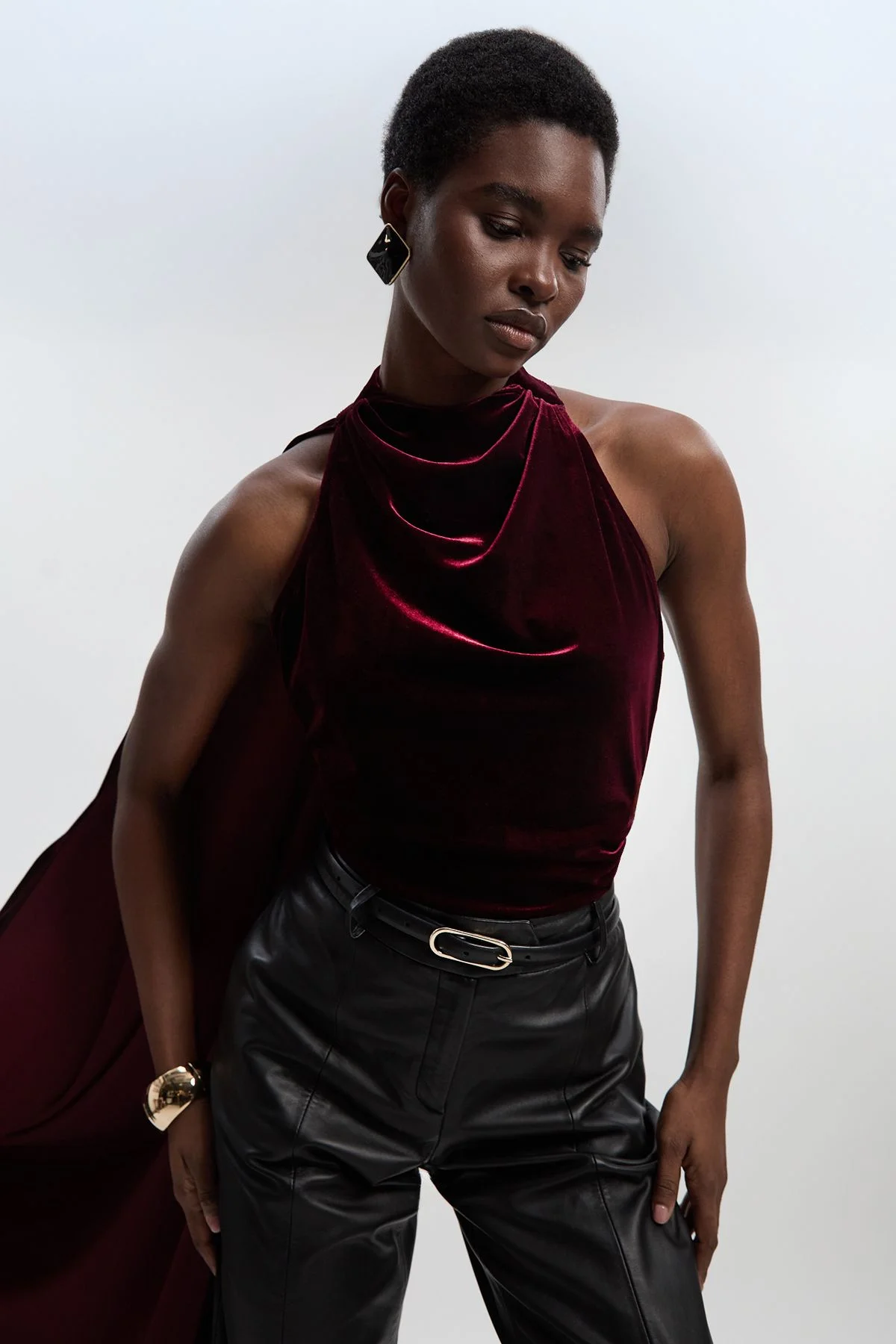 Stretch Velvet High Neck Cape Shoulder Bodysuit - 1