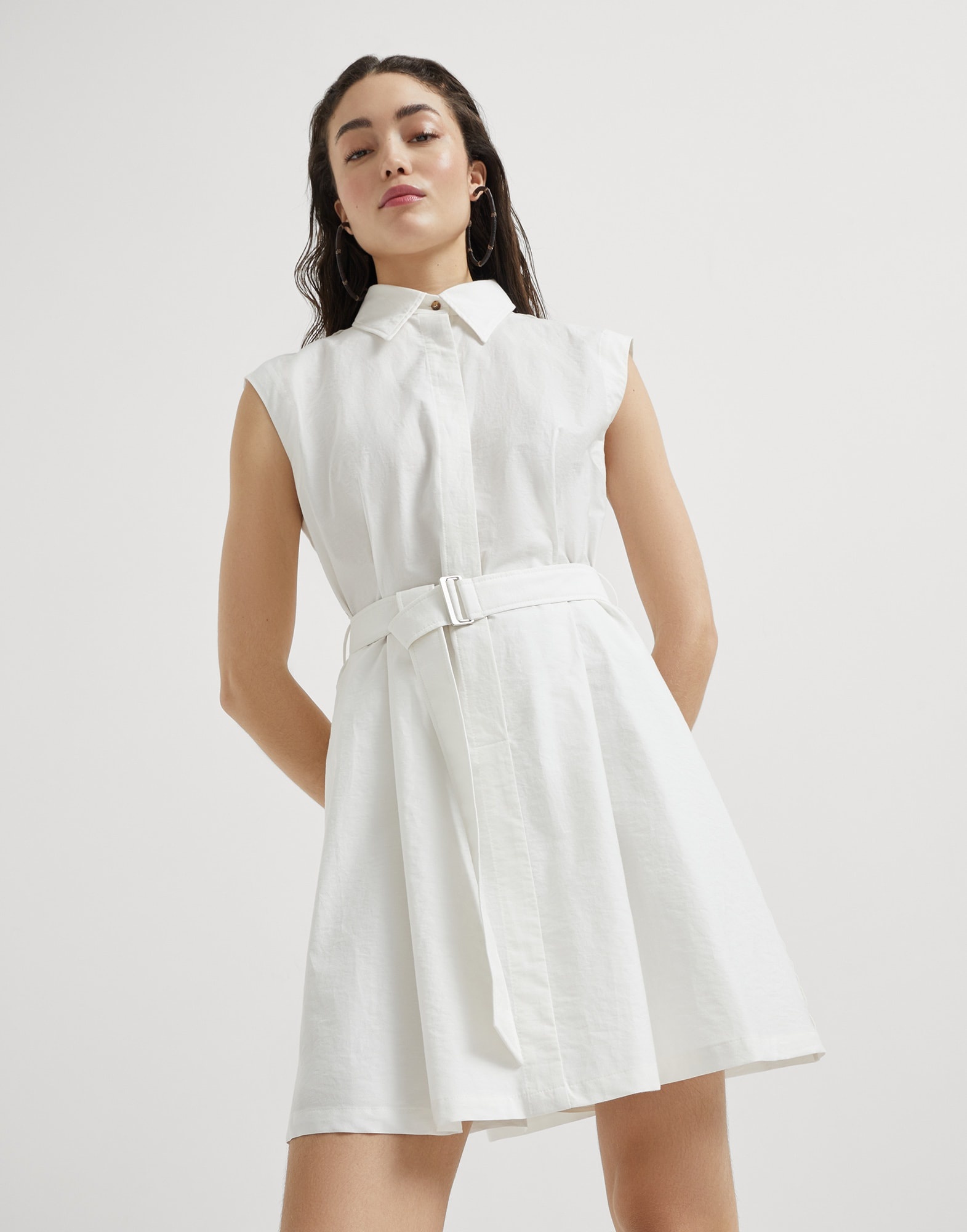Techno cotton texture twill belted mini shirt dress with monili - 4