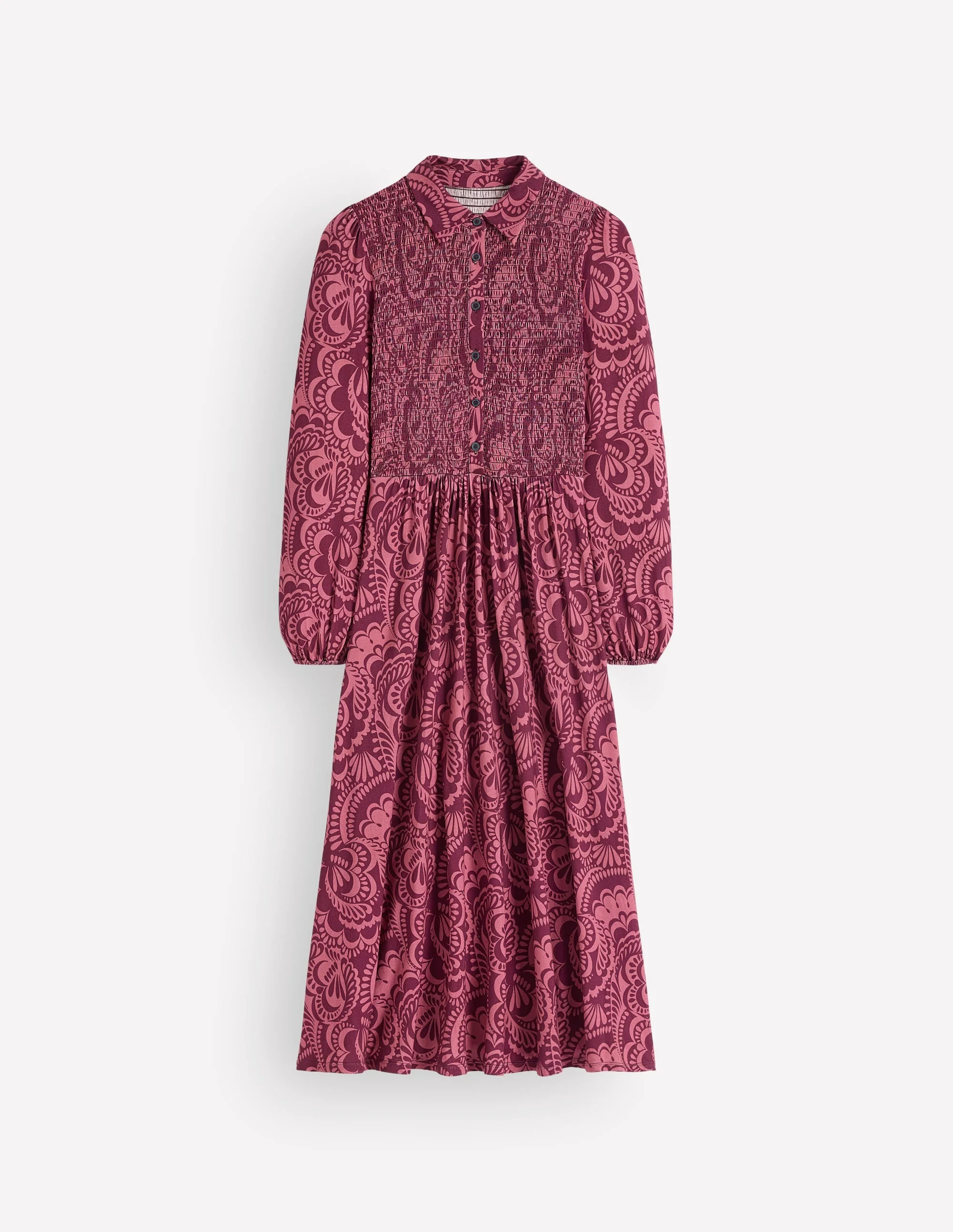 Smocked Jersey Dress-Maroon, Flourishing Medley - 1