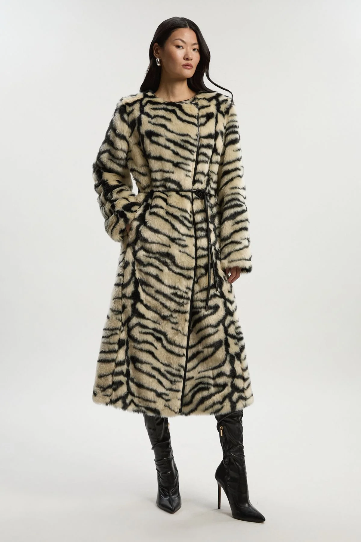Faux Fur Zebra Collarless Tie Belted Midi Coat - 1