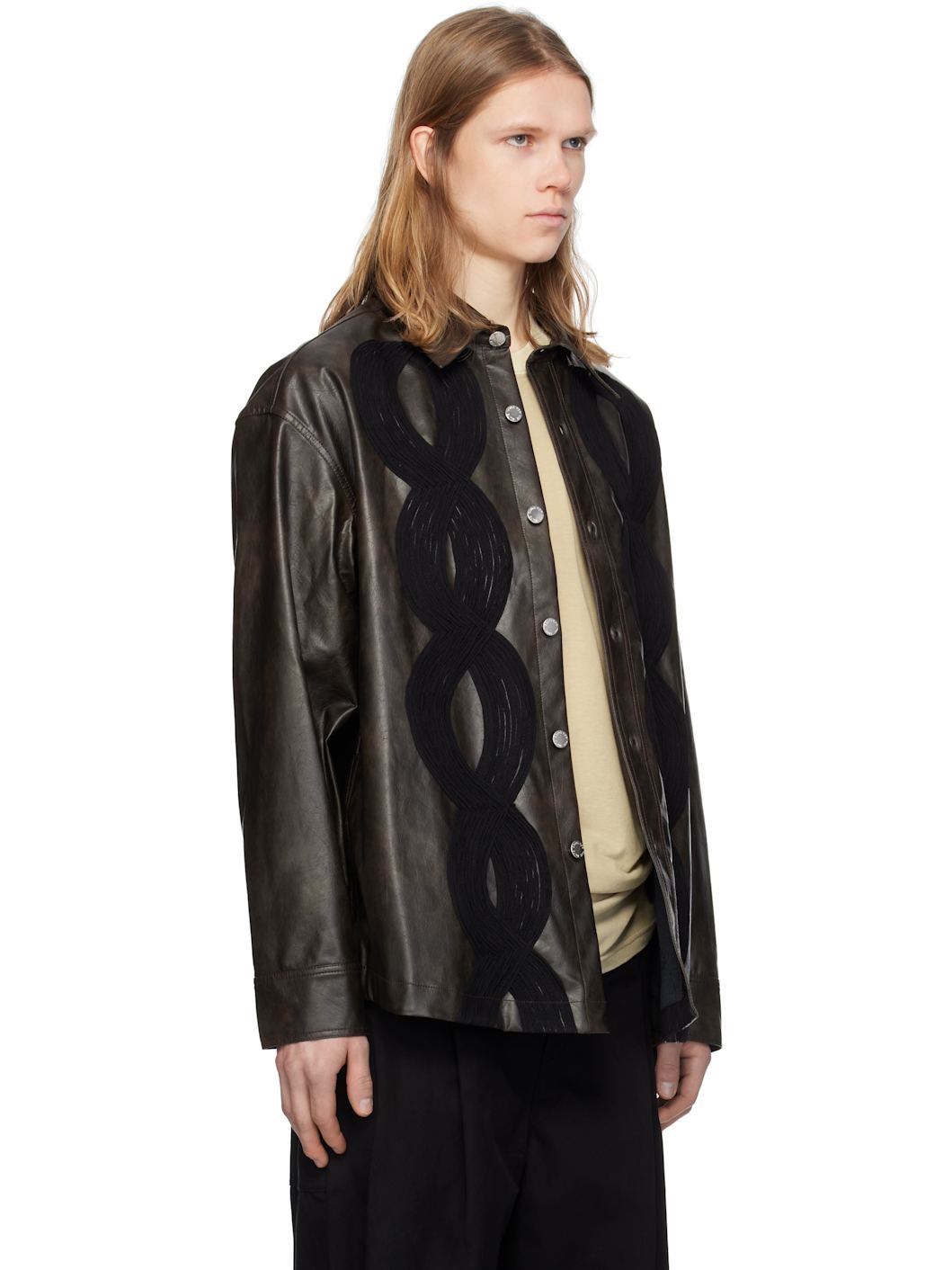 Brown 'Appliqué' Faux-Leather Overshirt - 2